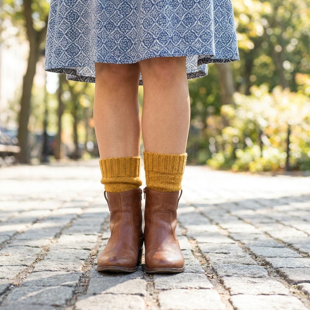 Knee-Length Skirt, Ankle Boots, and Thick Contrasting Socks Peeking Over the Top