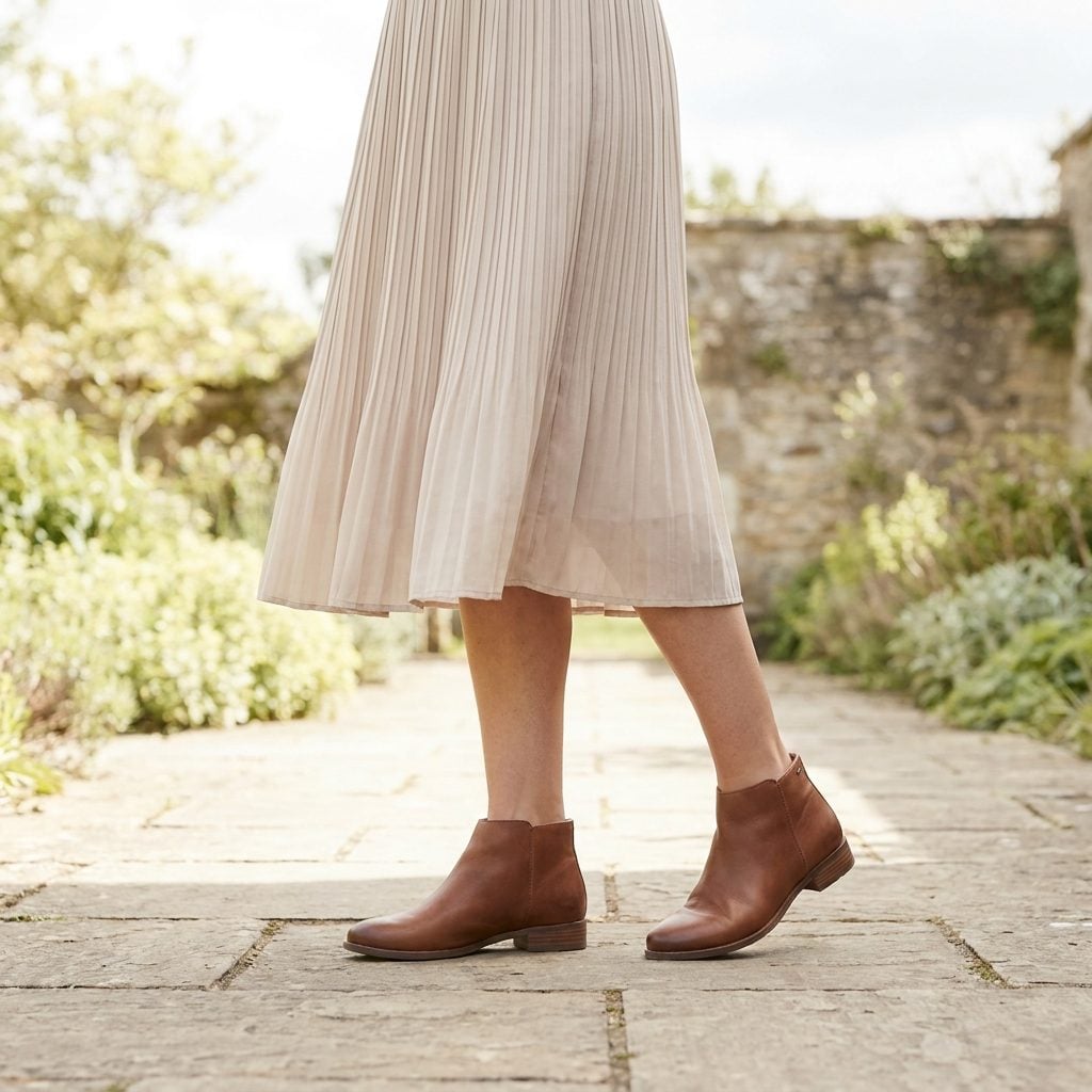 Knee-Length Skirt With Cropped Booties and a Wide Sea of Bare Calf