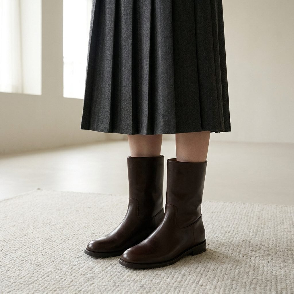 Knee-Length Skirt With Round-Toe Flat Boots Shortening the Line