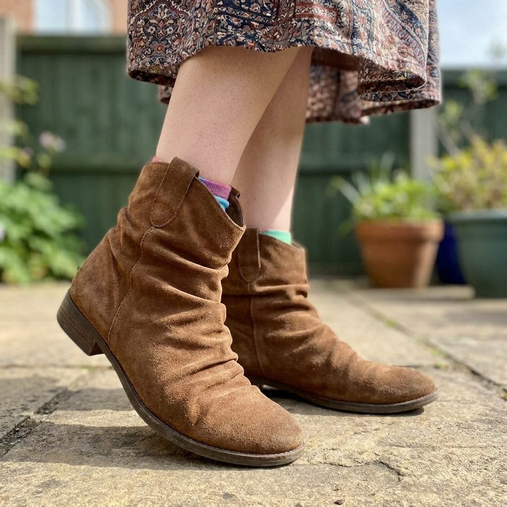 Knee-Length Skirt With Slouchy Boots Piling Bulk at the Ankle