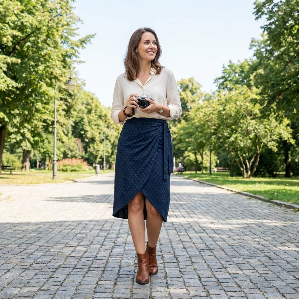 Knee-Length Wrap Skirt With Ankle Boots Slicing Across the Narrowest Point