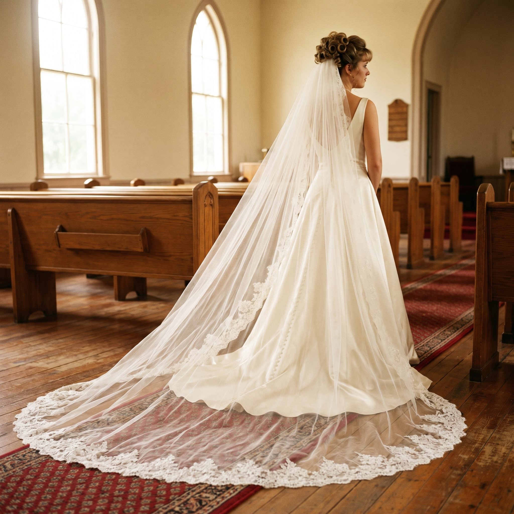 The Lace-Edged Cathedral Veil That Filled the Aisle Behind You