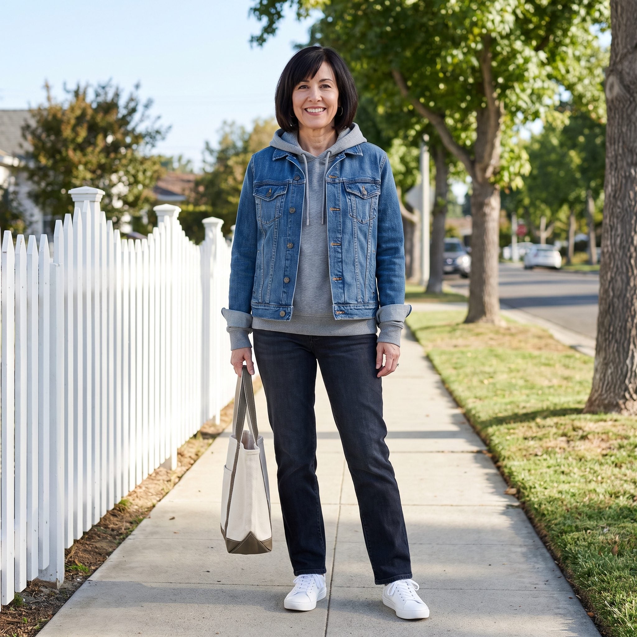 American woman in an open denim jacket over a gray hoodie with the hoodie bulk gathering at the hip over dark jeans.