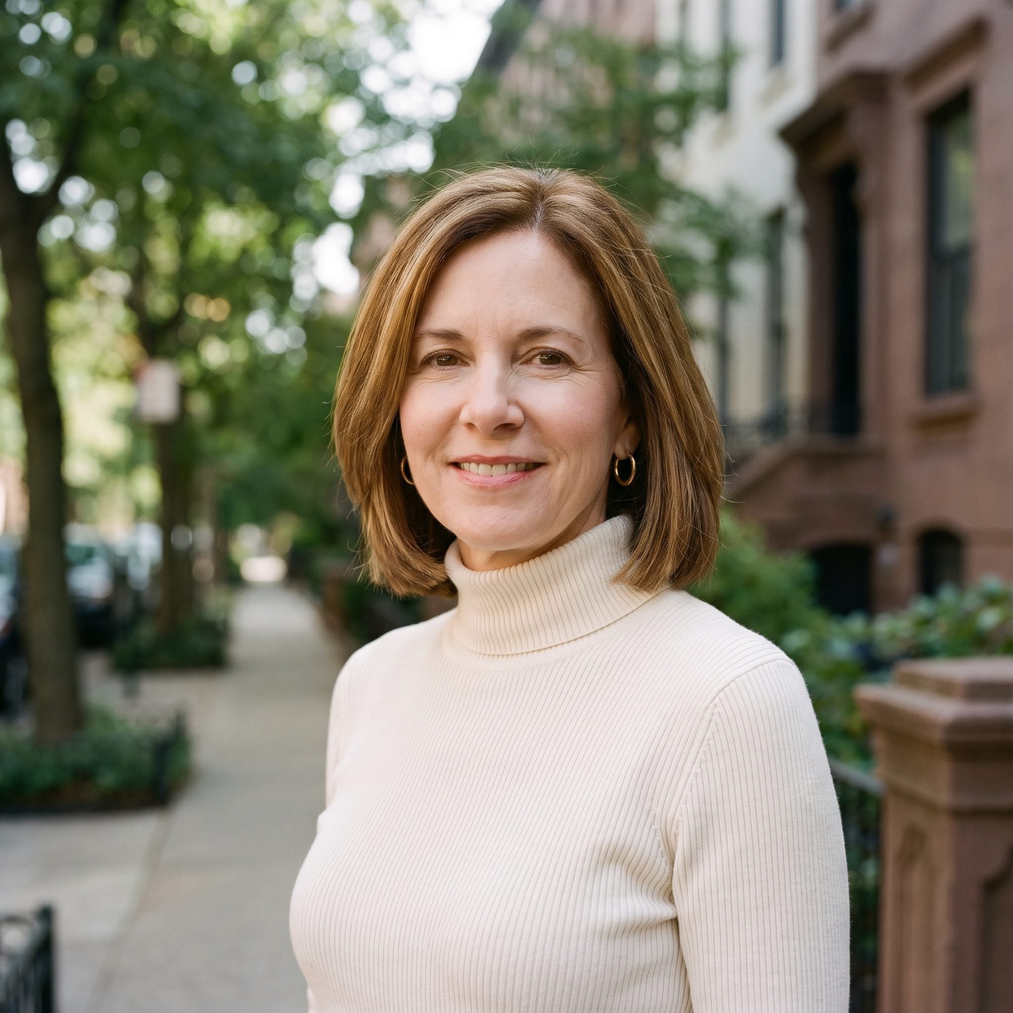 Woman with a chin-length caramel bob showing a horizontal stacked ledge at the back where layers sit in visible steps.