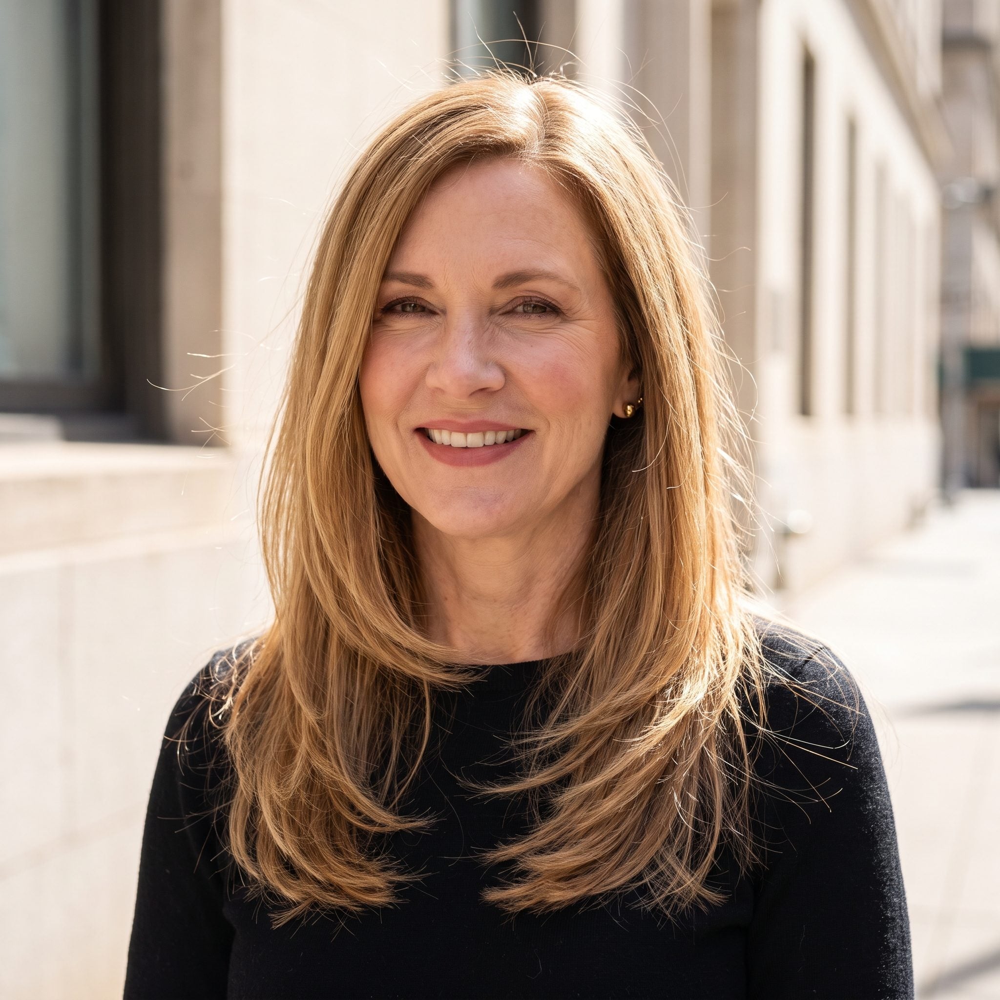 American woman with fine sandy-blonde hair cut into long layers designed for a thicker, more voluminous style, roots lying