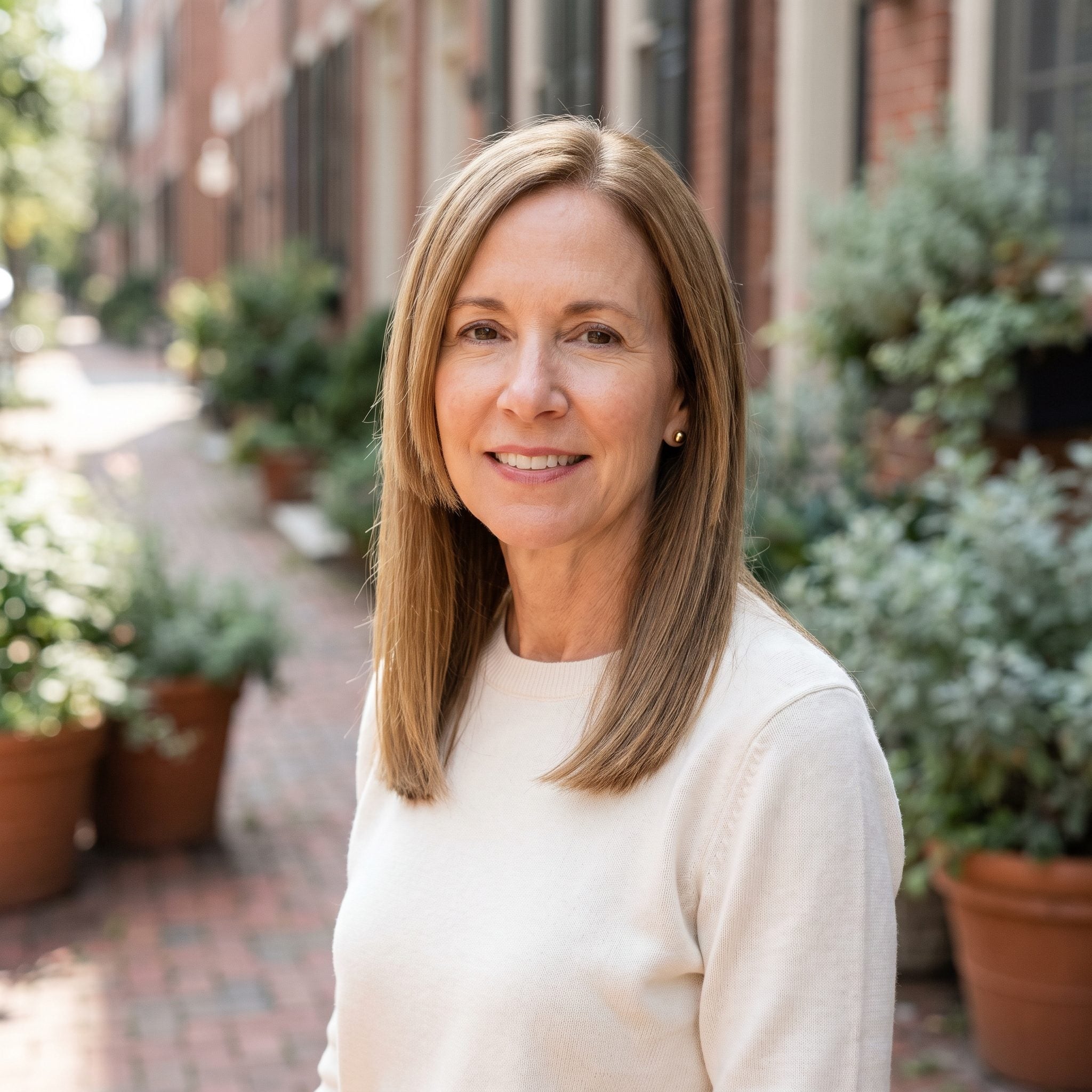 American woman with straight fine brown hair and short face-framing layers cut about three inches above the jaw, leaving a