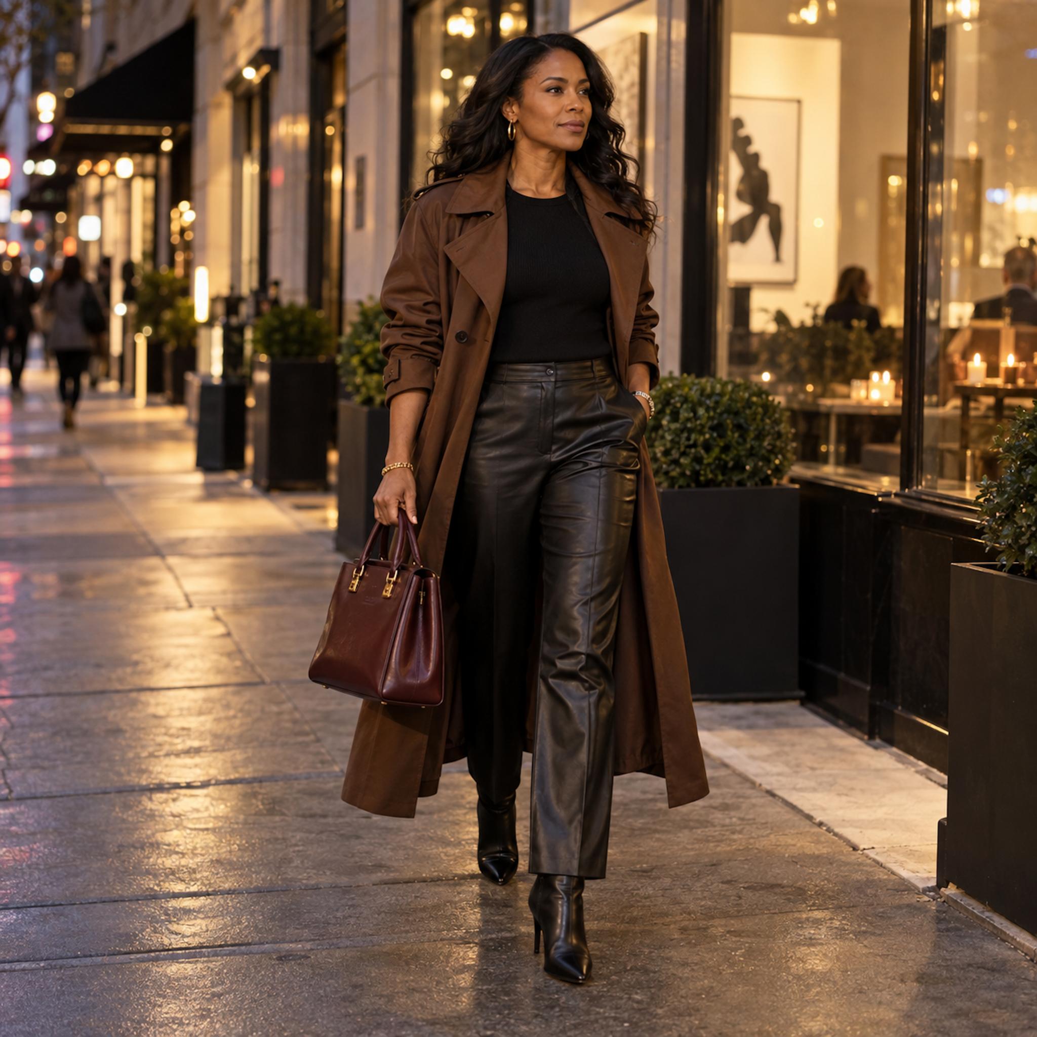 Black woman walking on an evening city sidewalk in a tobacco trench and tailored black leather trousers