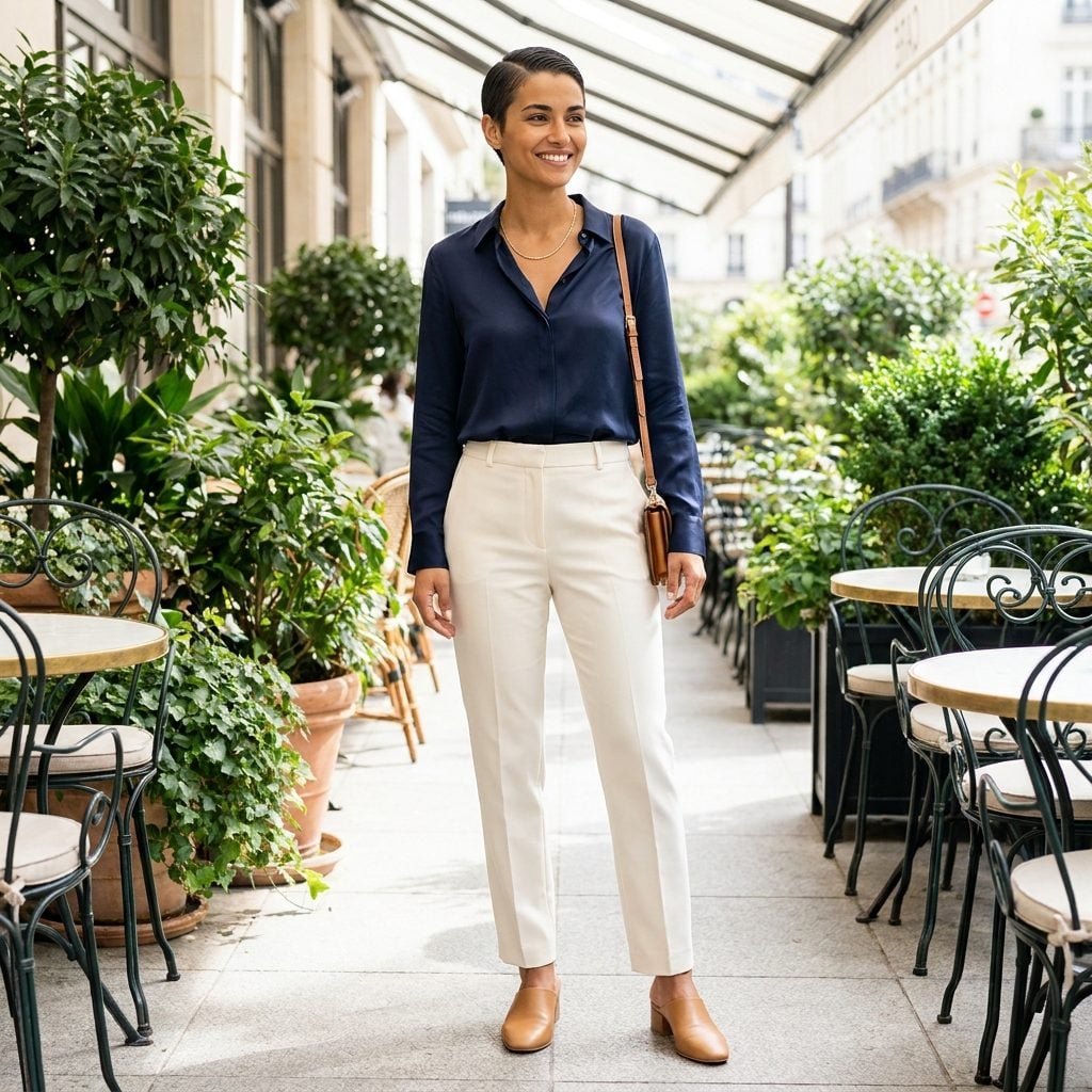 Woman in a navy silk blouse with a pixie cut swept fully back with no softening pieces near the face.