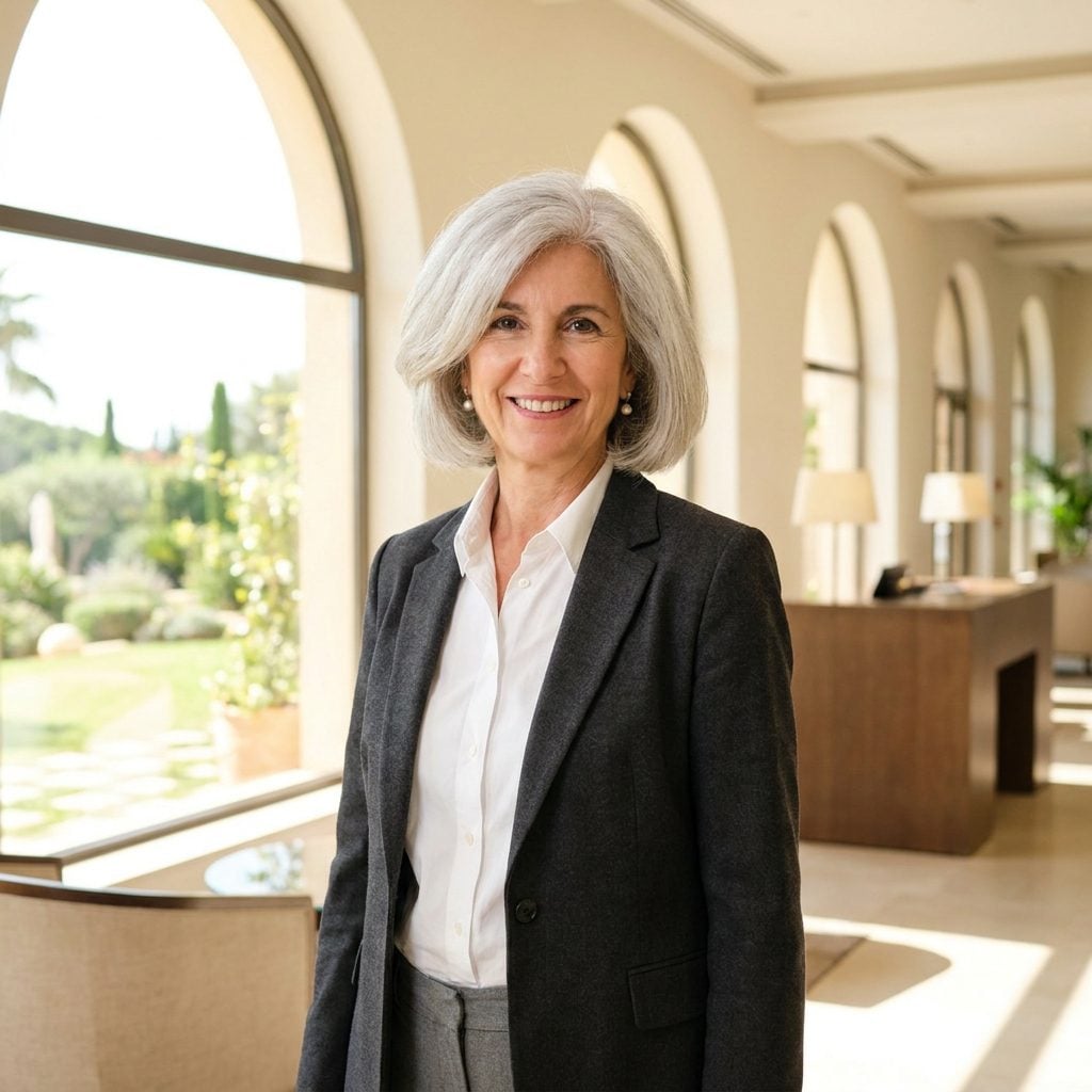 Woman in a charcoal blazer and white shirt with a silver bob puffing out behind the ears.