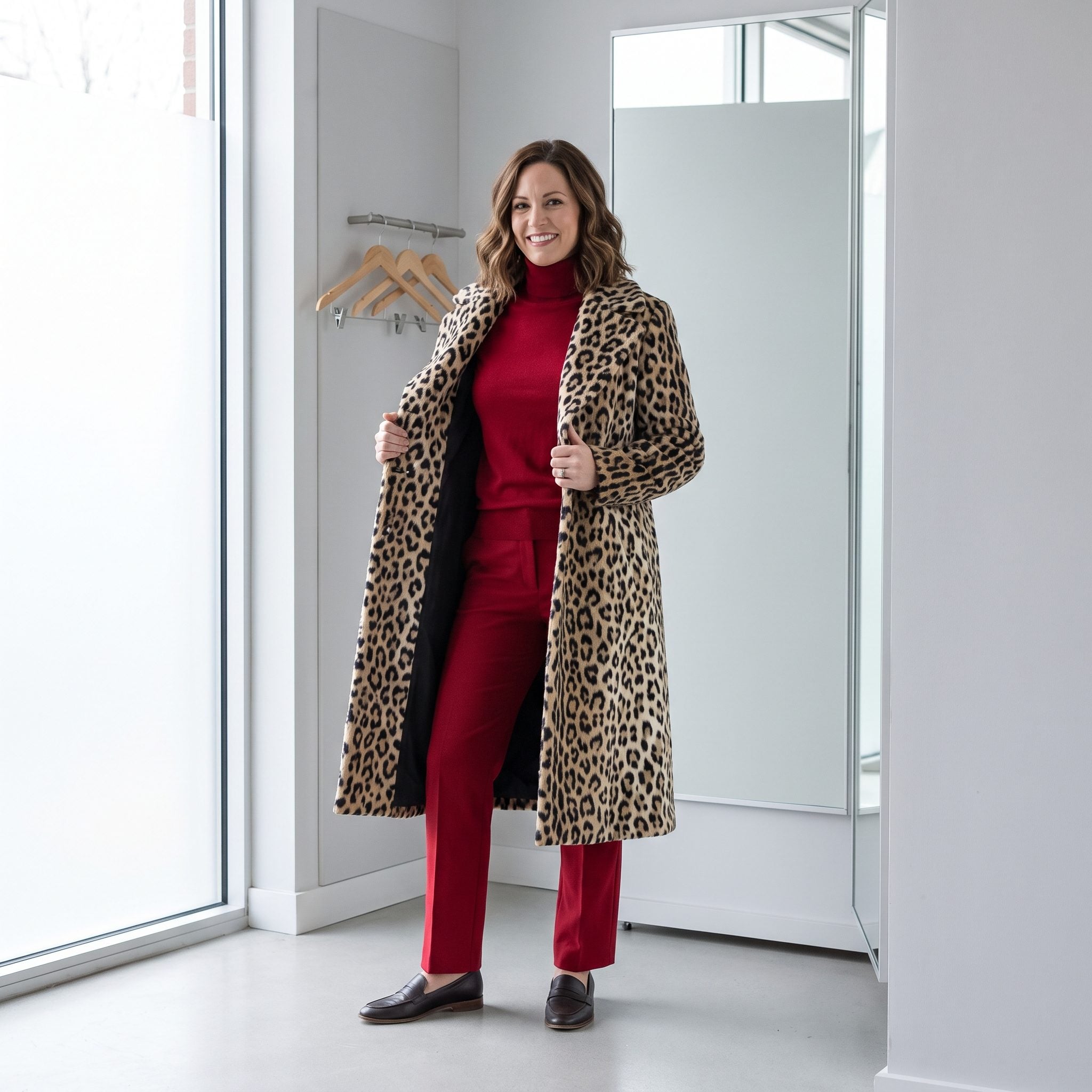 Leopard Maxi Coat + All-Red Outfit