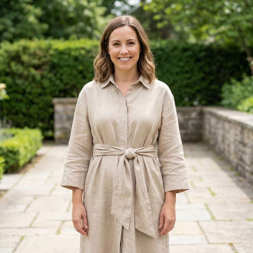 Woman in a roomy sage-green midi dress belted at the waist, with all the surplus fabric gathered into a pouch at the front.