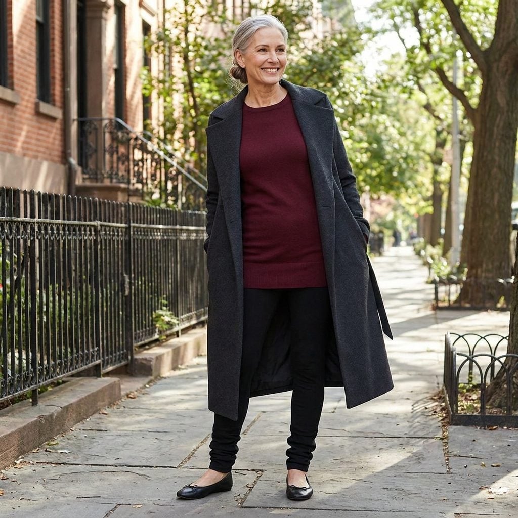 Woman in black leggings that bag and pool at the ankles, with a burgundy tunic and charcoal wrap coat.