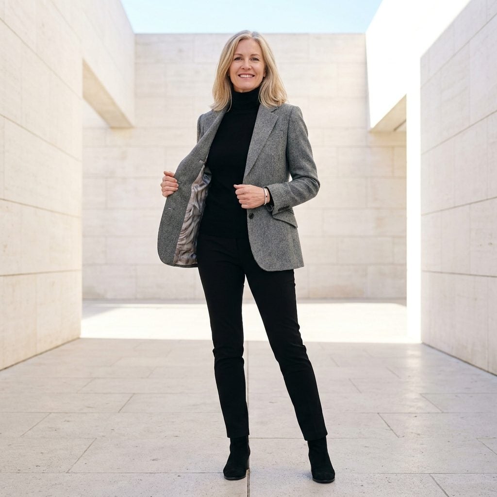 Woman in a grey herringbone blazer over a black turtleneck, interior lining bubbling and puckering under the shell.