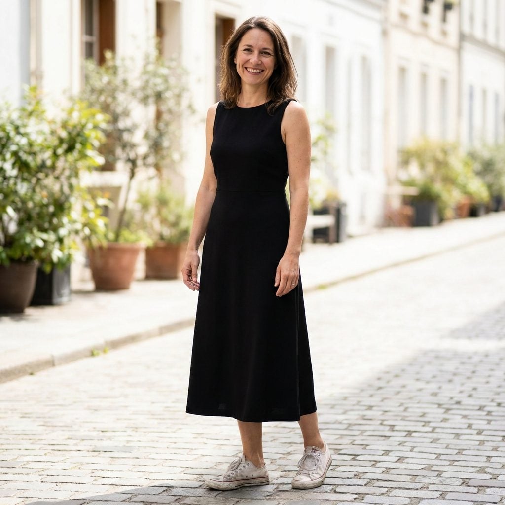Woman in a matte black little black dress wearing yellowed, creased, scuffed white sneakers.