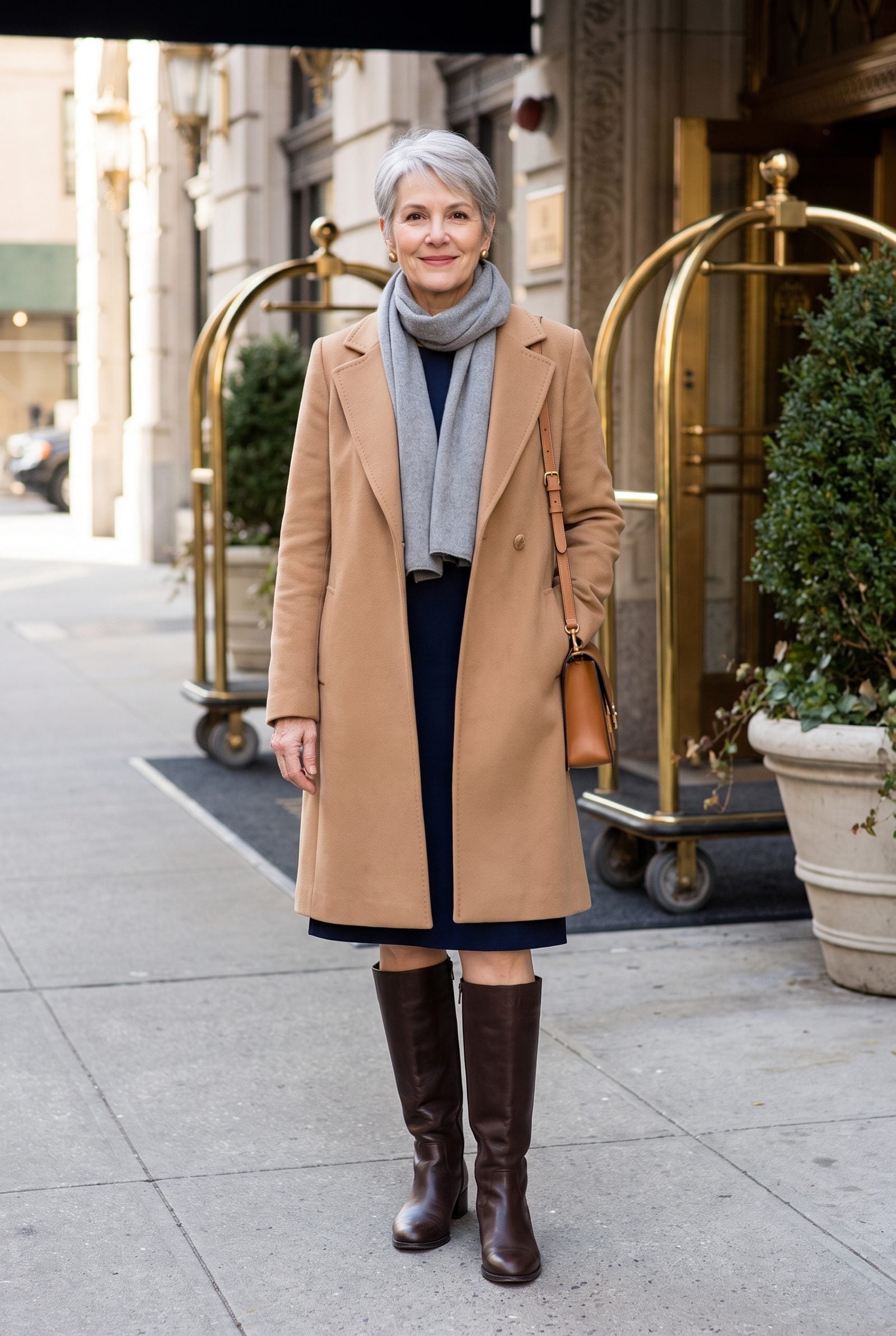 Woman in a long camel coat over a hidden navy midi dress with dark brown knee-high boots, showing a four-inch bare knee gap