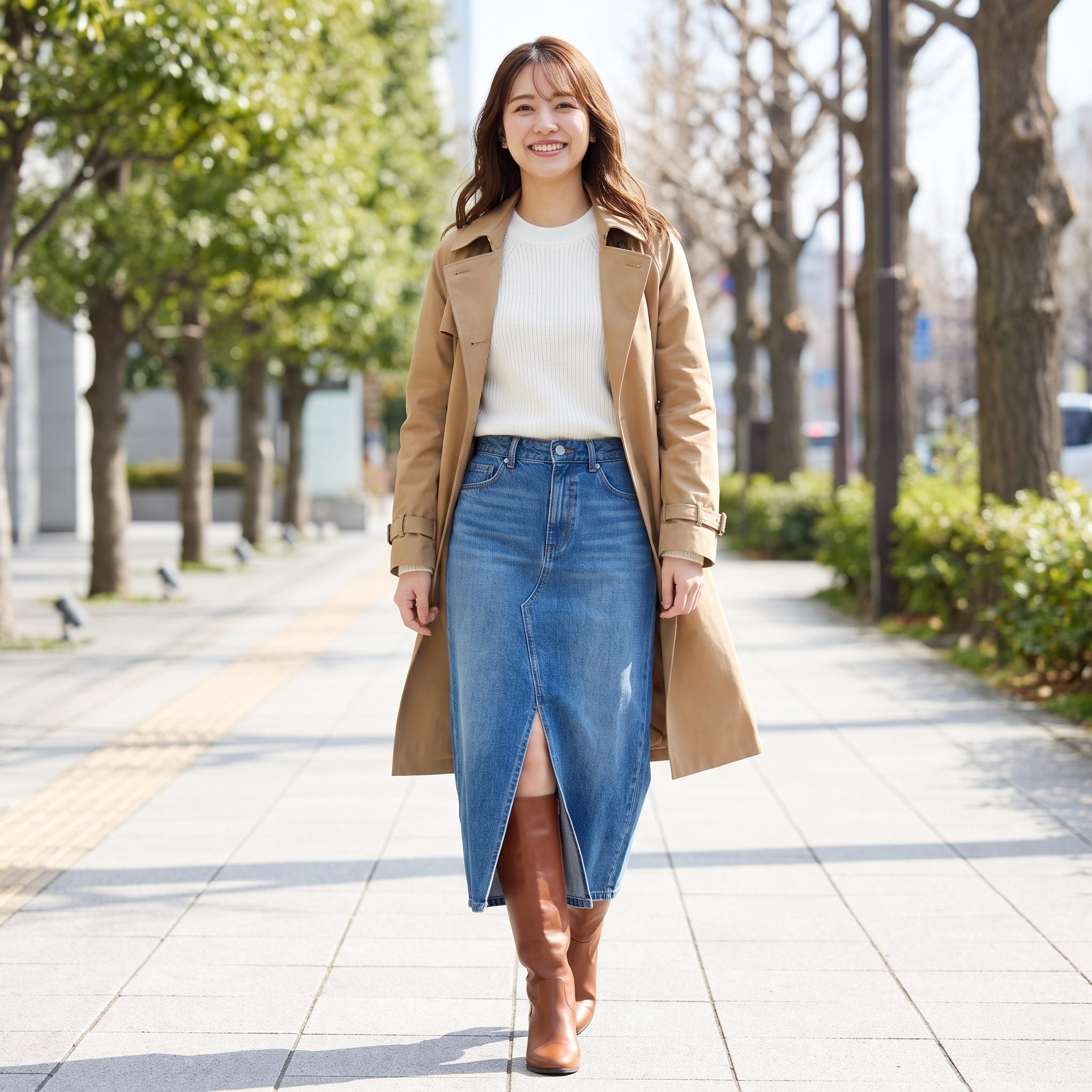 Long Denim Front-Slit Skirt + Knee-High Boots