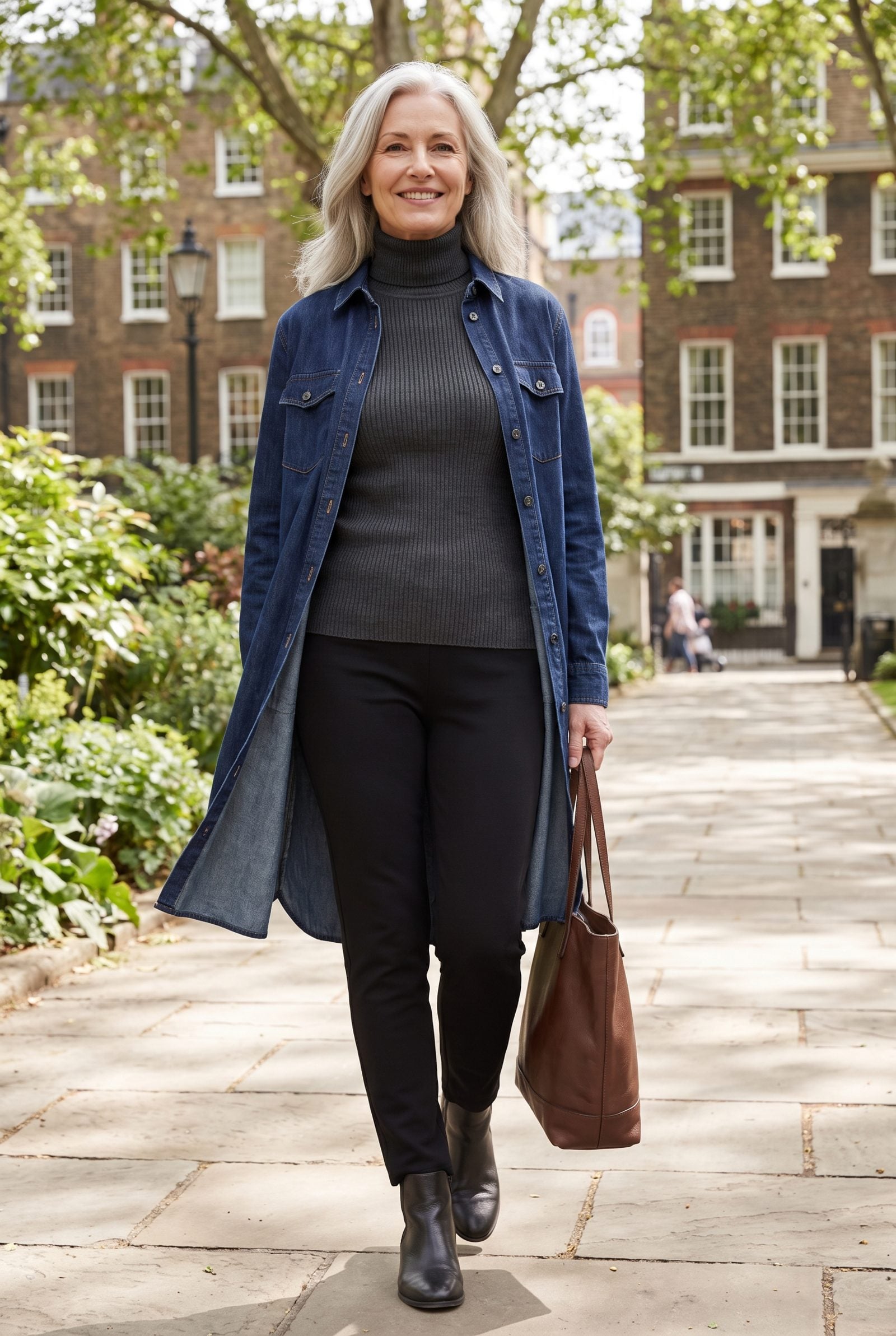 Long Denim Shirt Over a Turtleneck and Ponte Pants