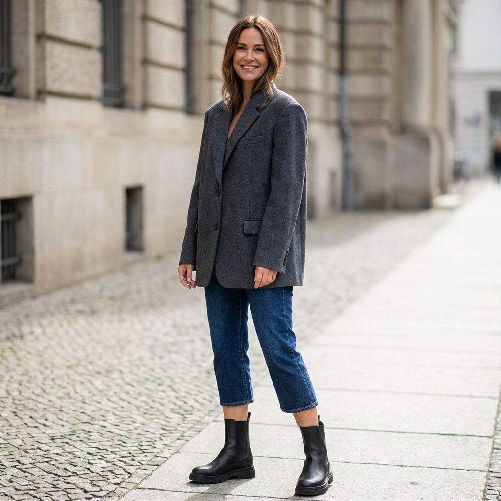 Woman in a long oversized charcoal blazer over very cropped jeans and flat black ankle boots, a small leg section showing.