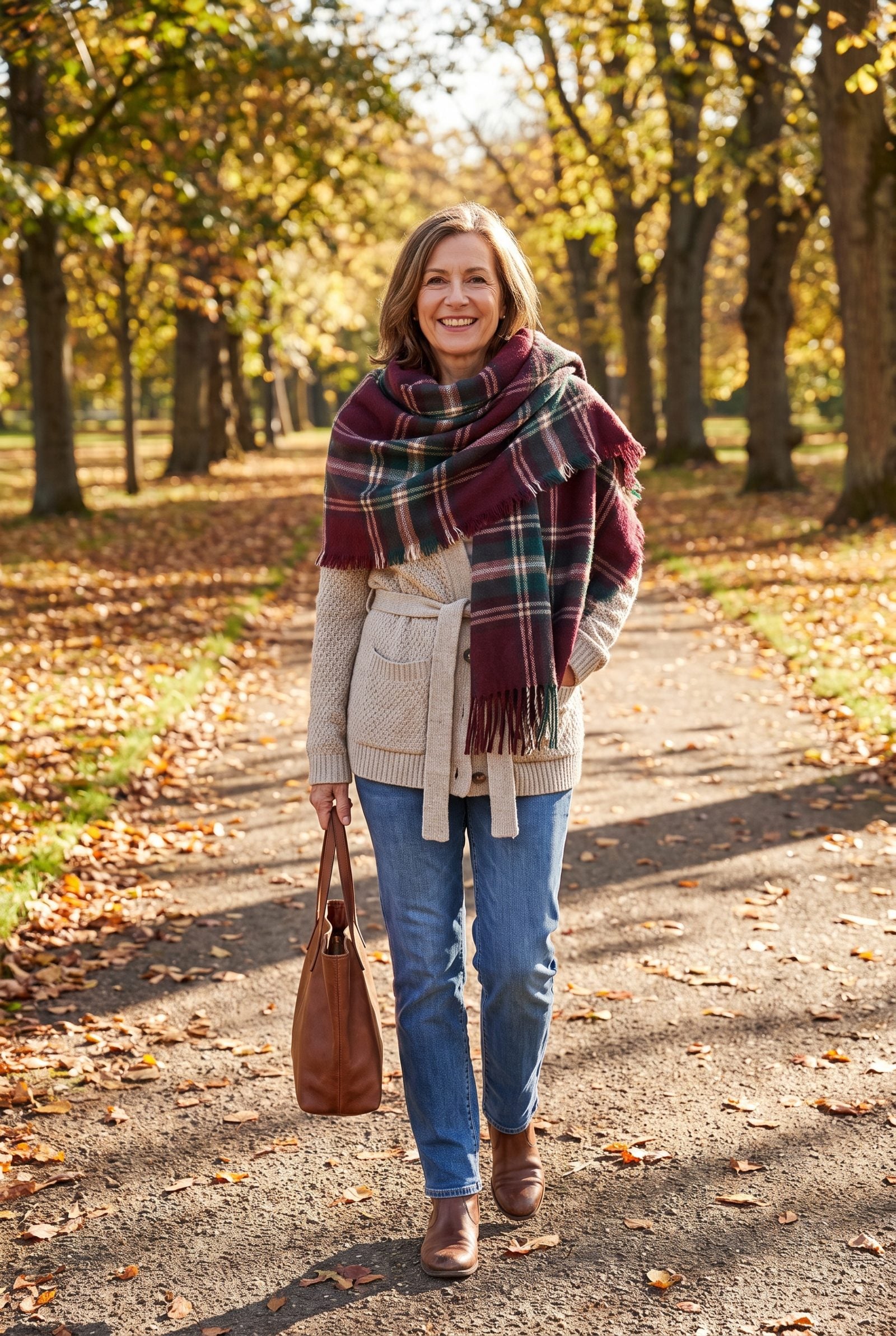 Long Plaid Scarf Over a Belted Cardigan and Straight Jeans