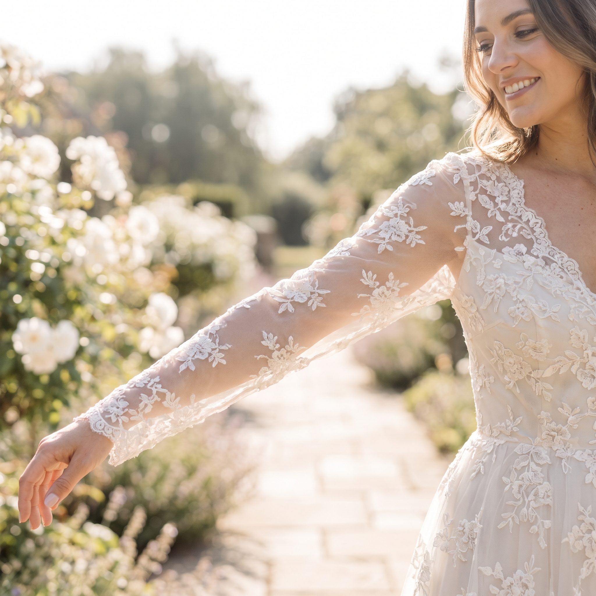 Long Sheer Illusion Sleeves Covered in Lace Appliqué