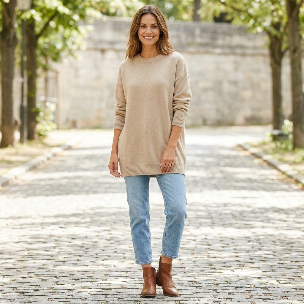 Woman in a long untucked oatmeal sweater over cropped jeans and brown ankle boots, little denim showing between hem and boot.