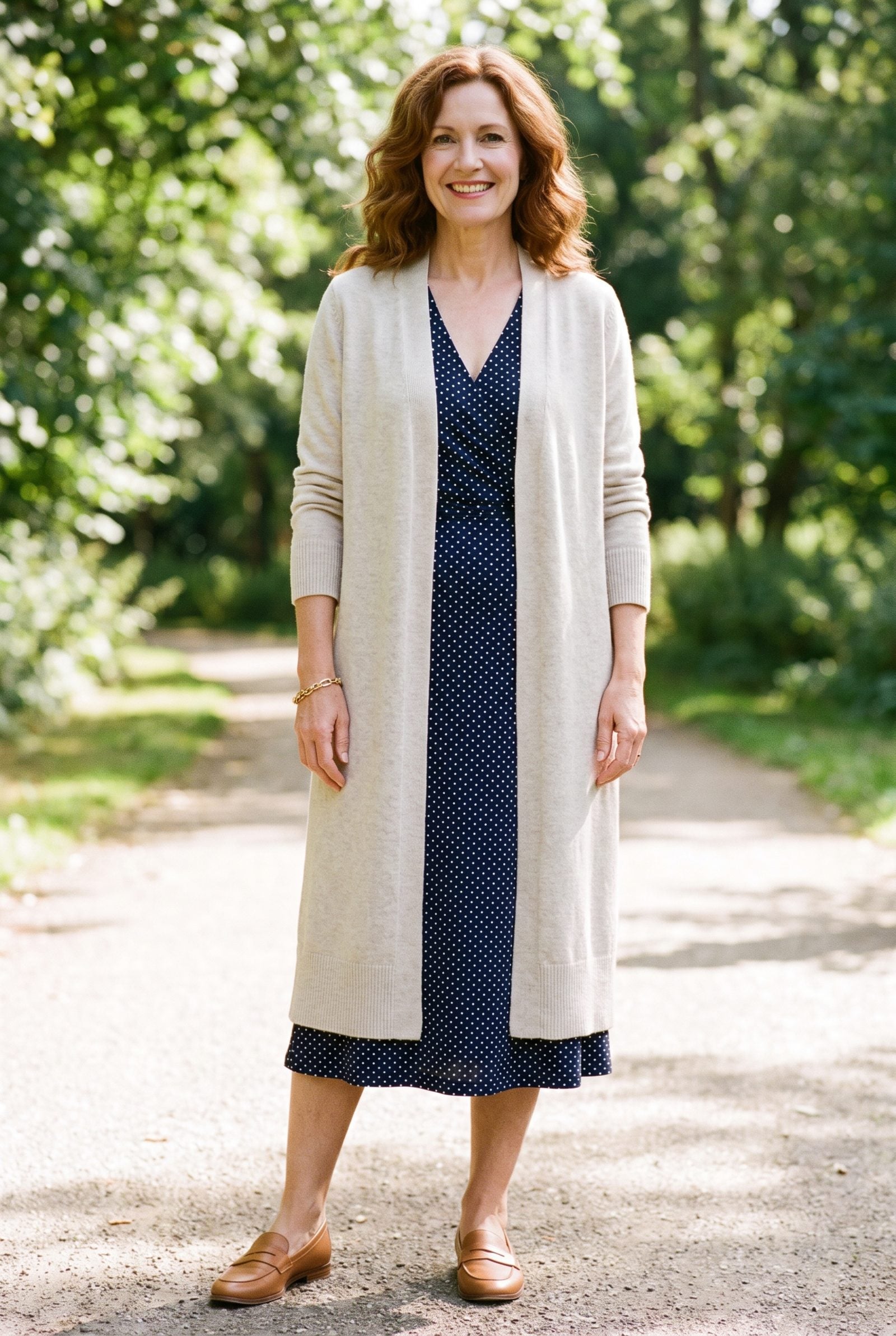 Woman in a navy dotted wrap dress under an open mid-calf oatmeal longline cardigan that hangs straight and hides the wrap