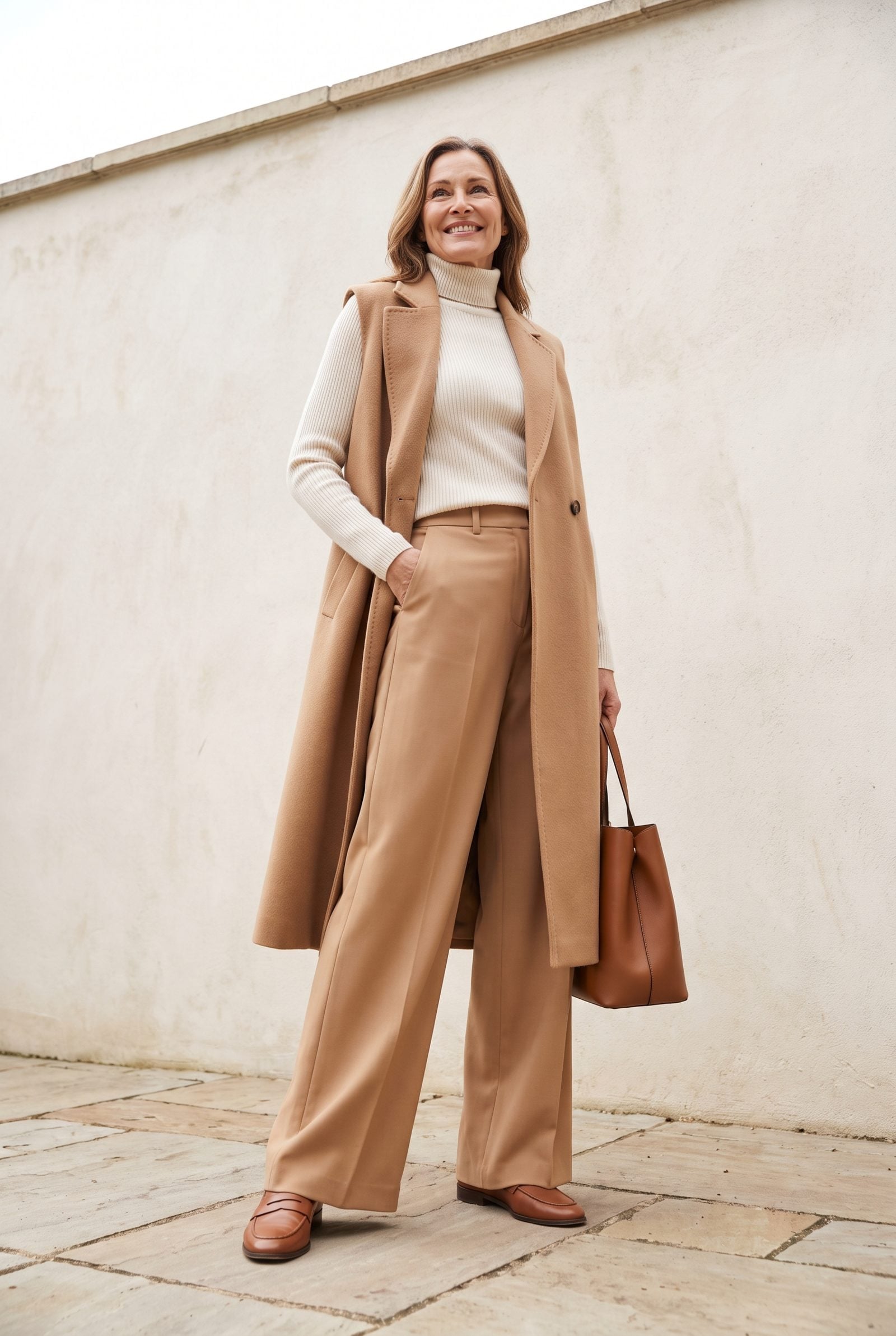 Longline Vest Over a Ribbed Turtleneck and Wide-Leg Pants