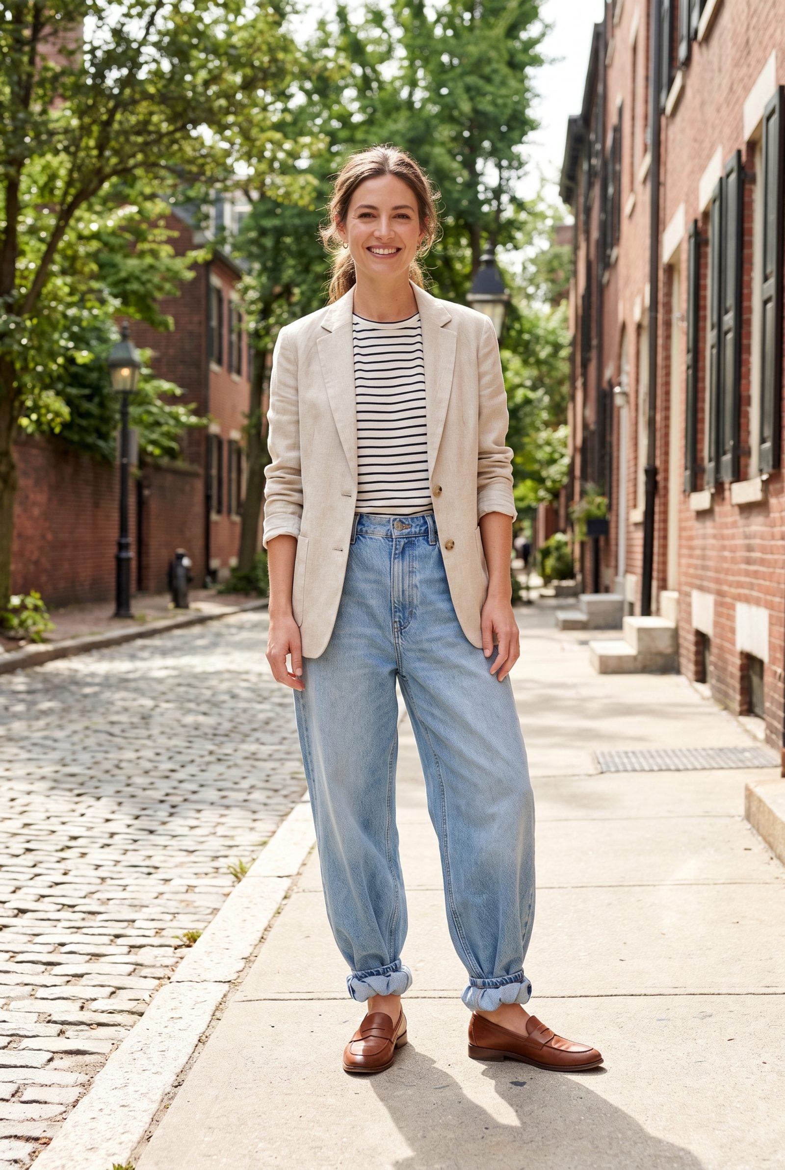 Woman in loose light-blue jeans pegged and cinched at the ankle over black loafers on a garden terrace.
