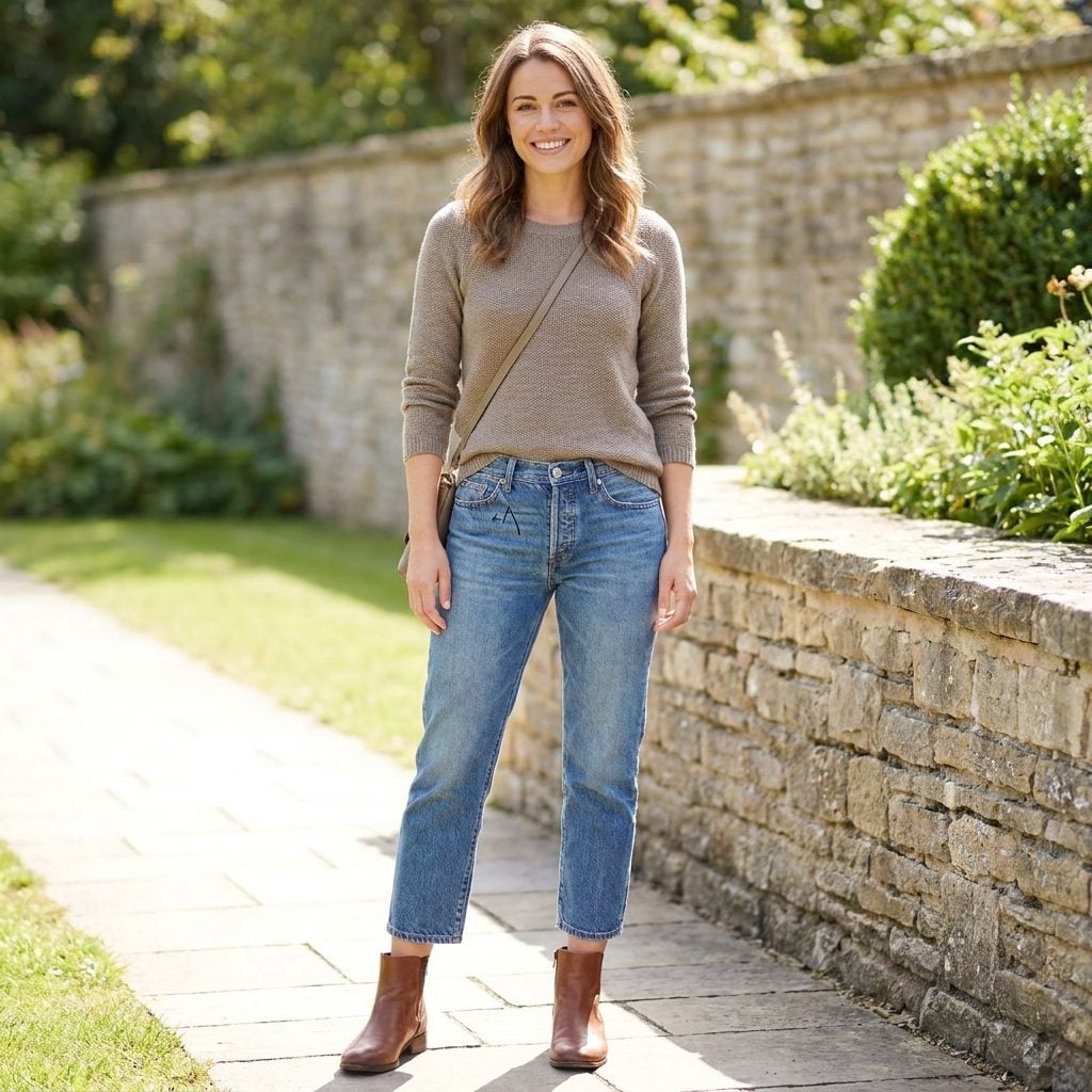 Woman in low-rise cropped jeans and tan heeled ankle boots, the waistband sitting low and the hem sitting short.