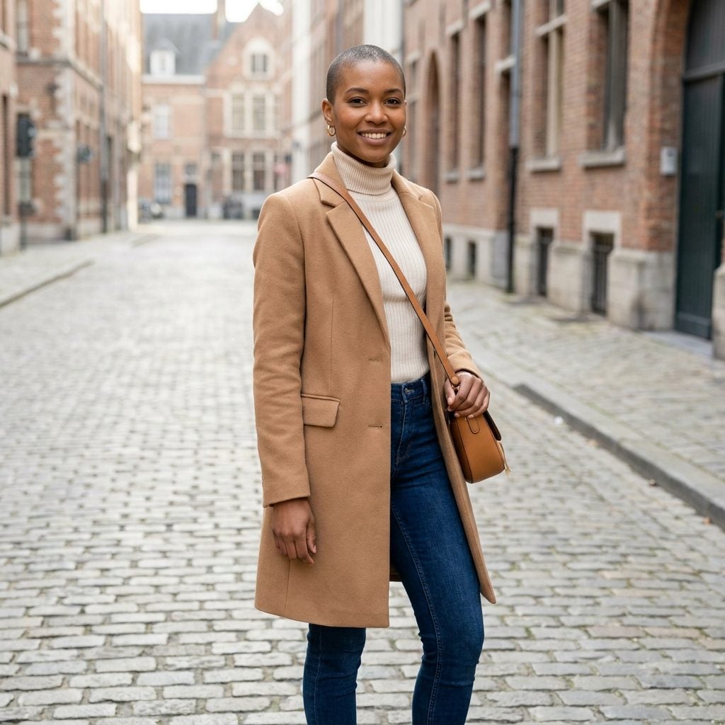 Woman in a camel coat and cream turtleneck with hair cut the same close length on top and sides.