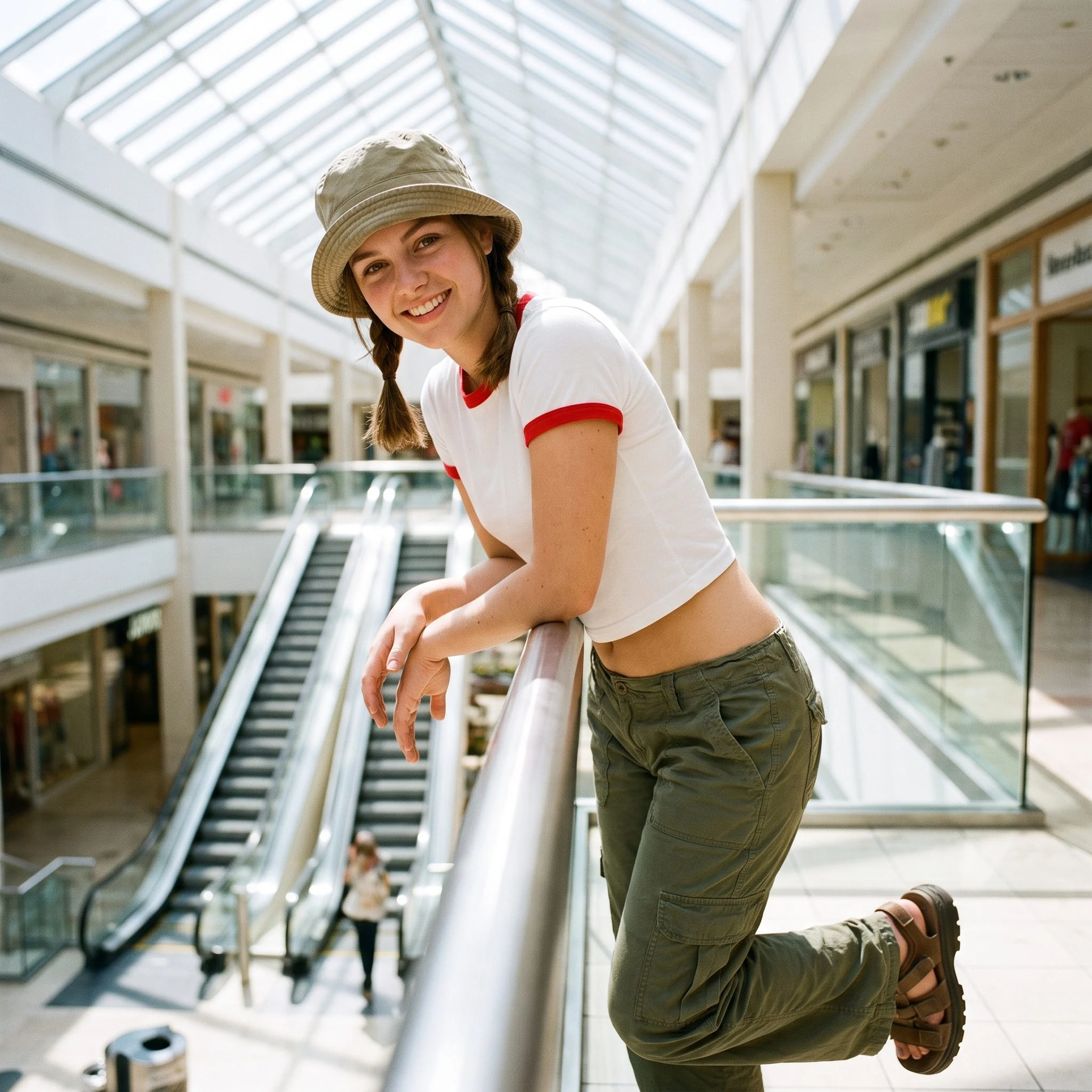 Woman in a backward fisherman cap leaning against a mall railing