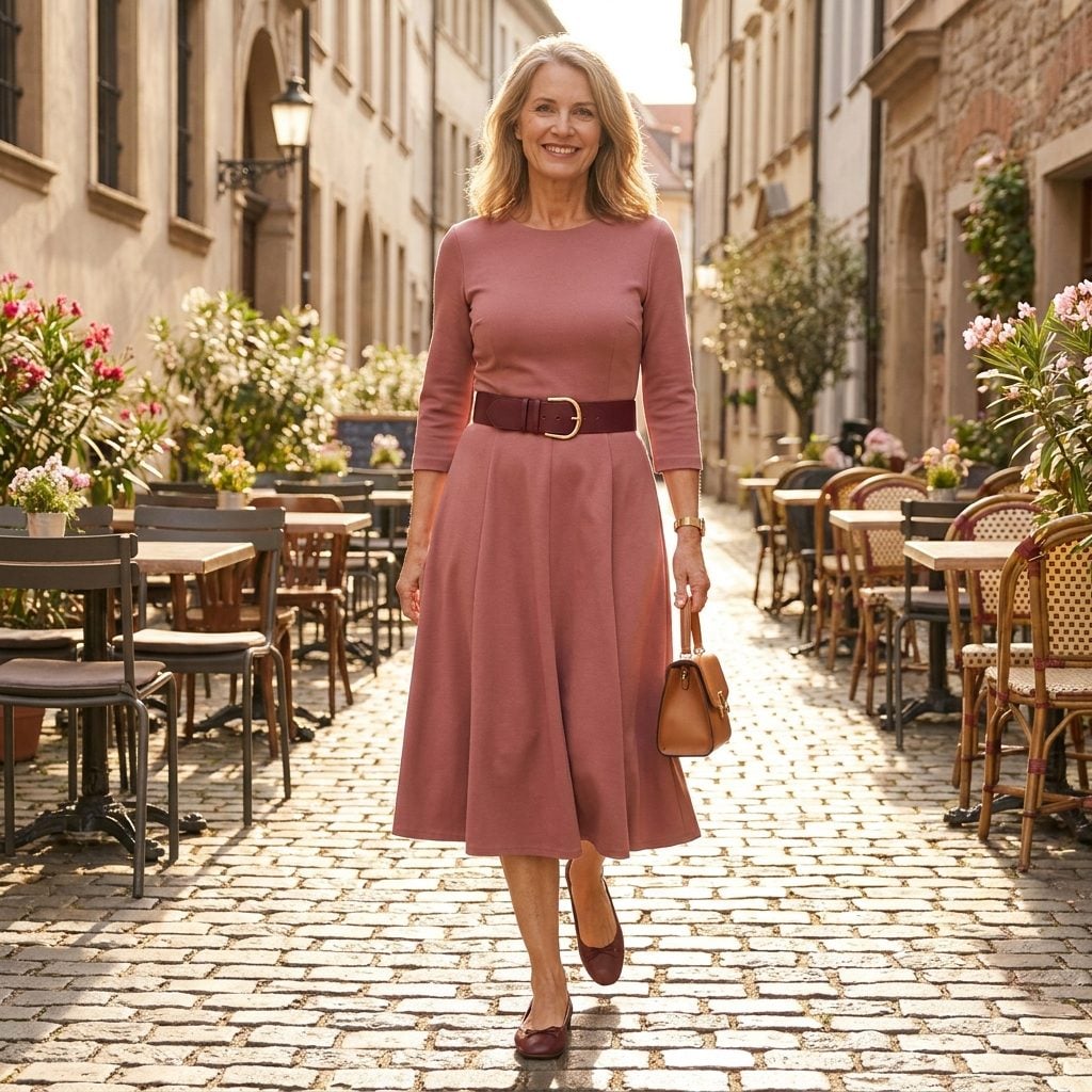 Woman in a dusty rose midi dress with a burgundy belt and matching burgundy flats that share no color with the dress.