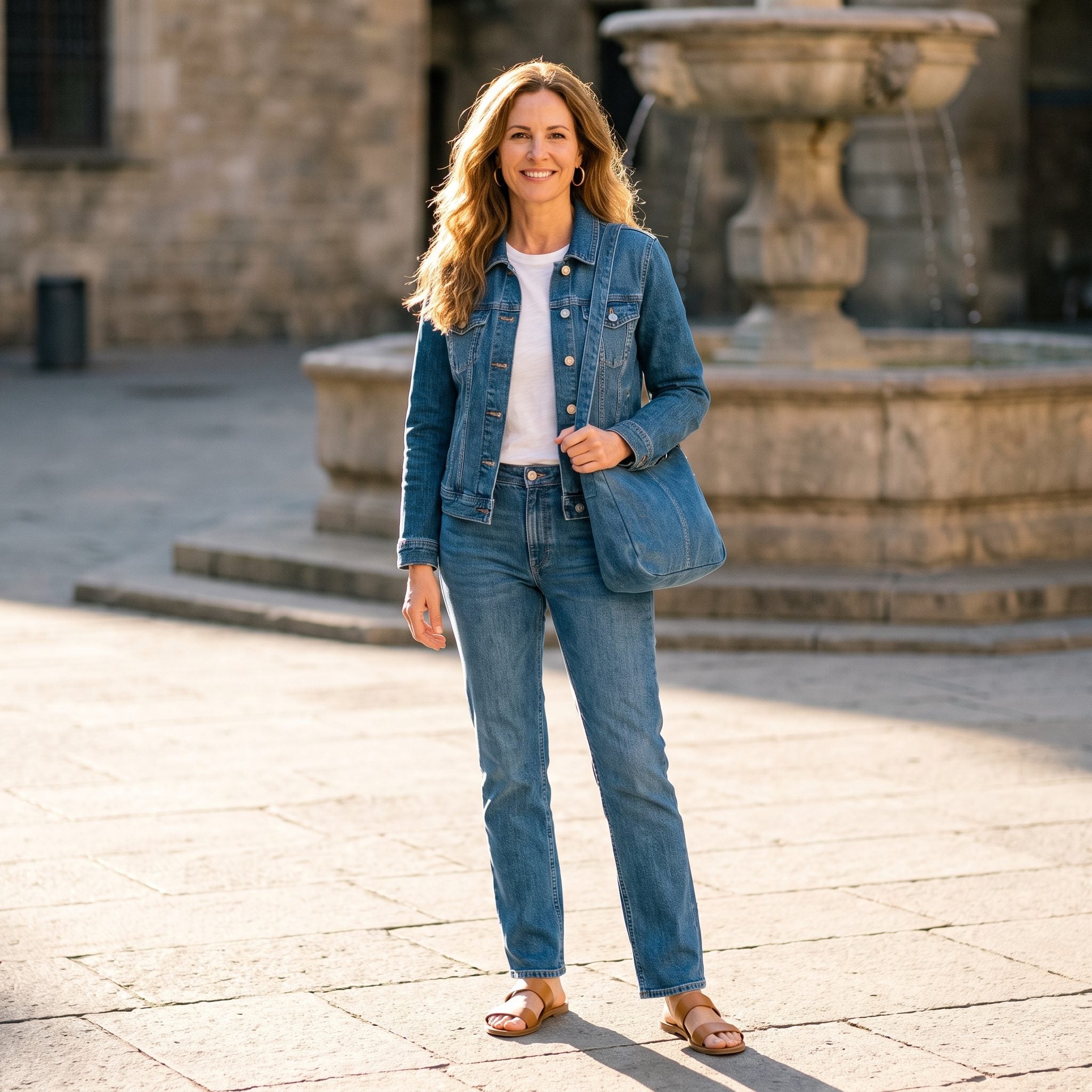 American woman in a mid-blue denim jacket and matching jeans carrying a mid-blue denim shoulder bag in the same wash.