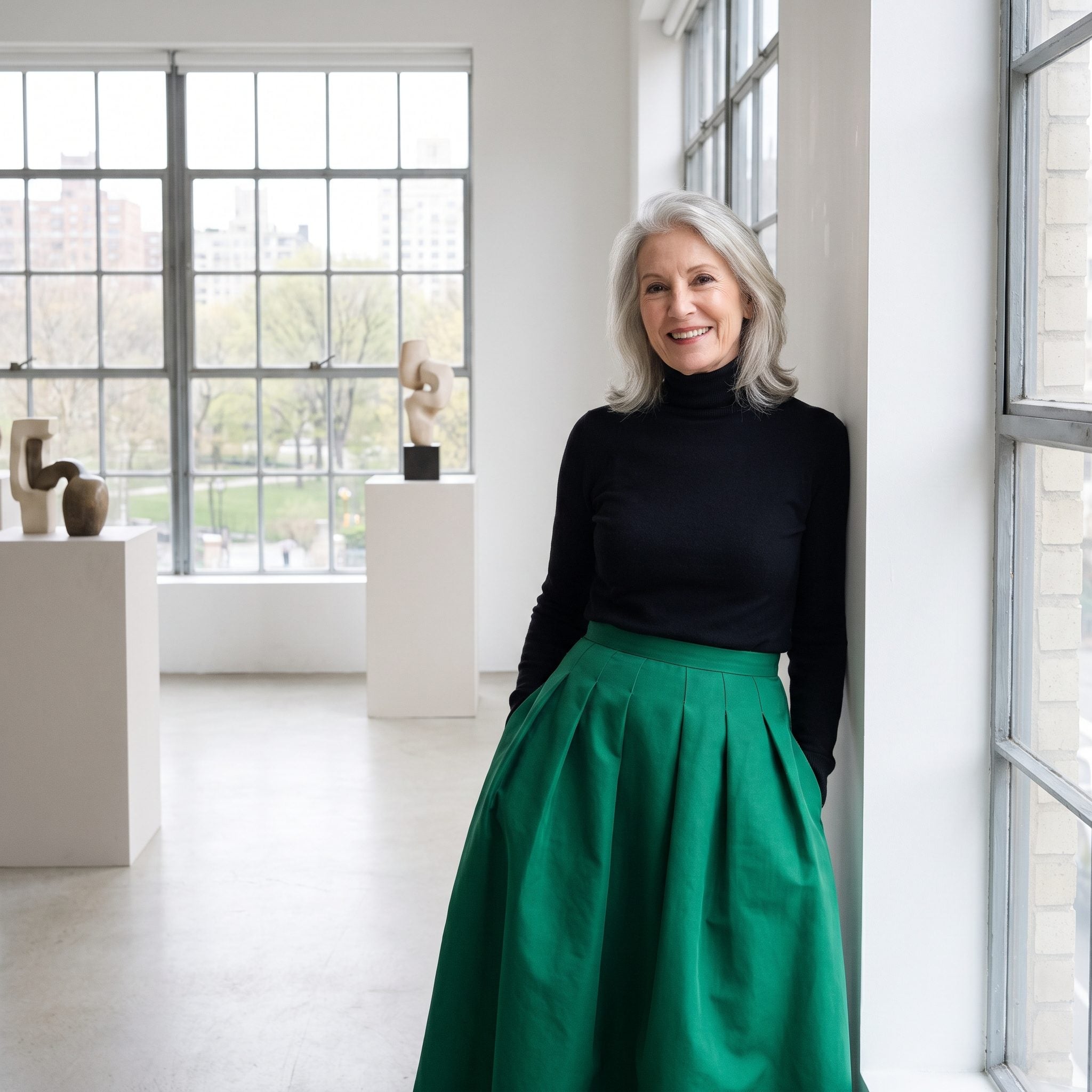 Matte-Black Turtleneck With an Architectural Green Skirt