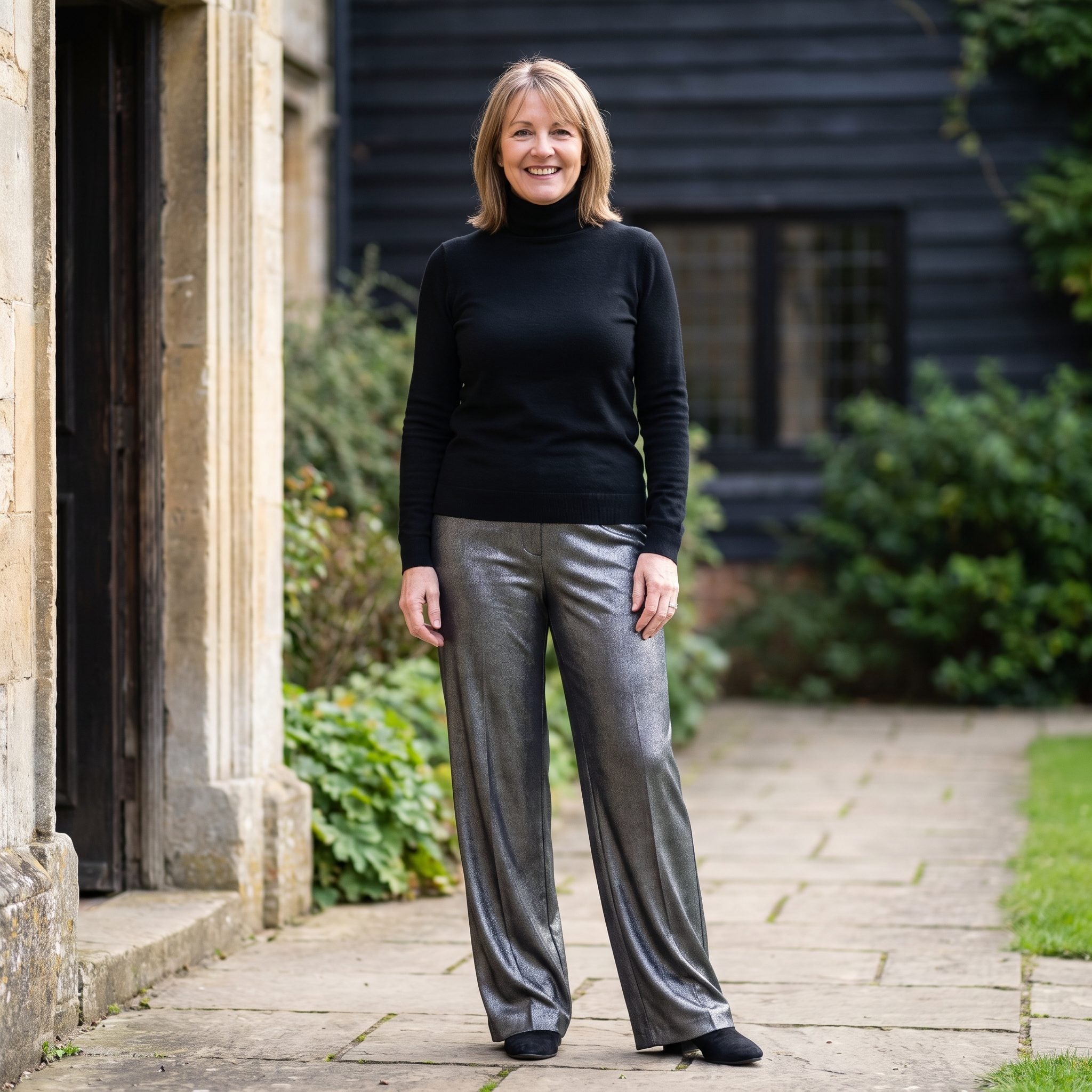 Matte-Black Turtleneck With Pewter Metallic Trousers