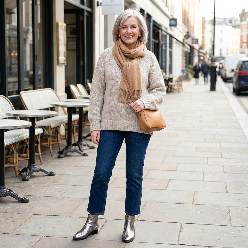 Woman in dark cropped jeans and an oatmeal knit wearing shiny pewter metallic ankle boots.