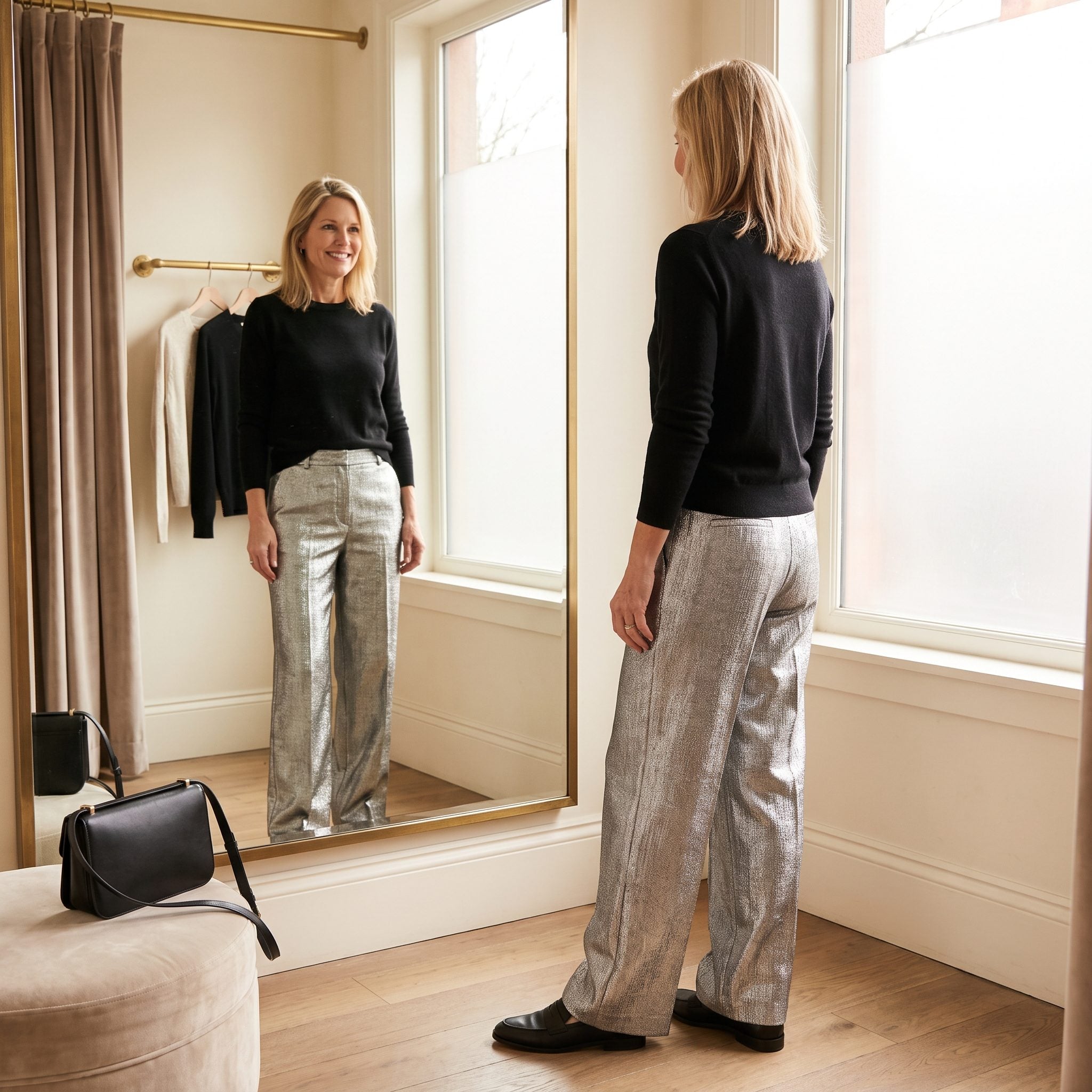 Metallic Silver Trousers + Black Knit