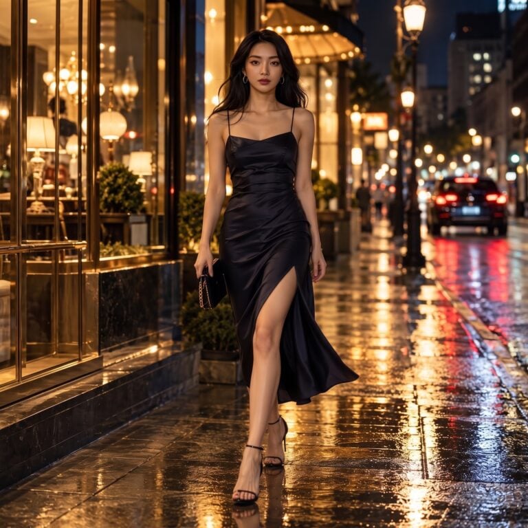 woman wearing evening midi gown