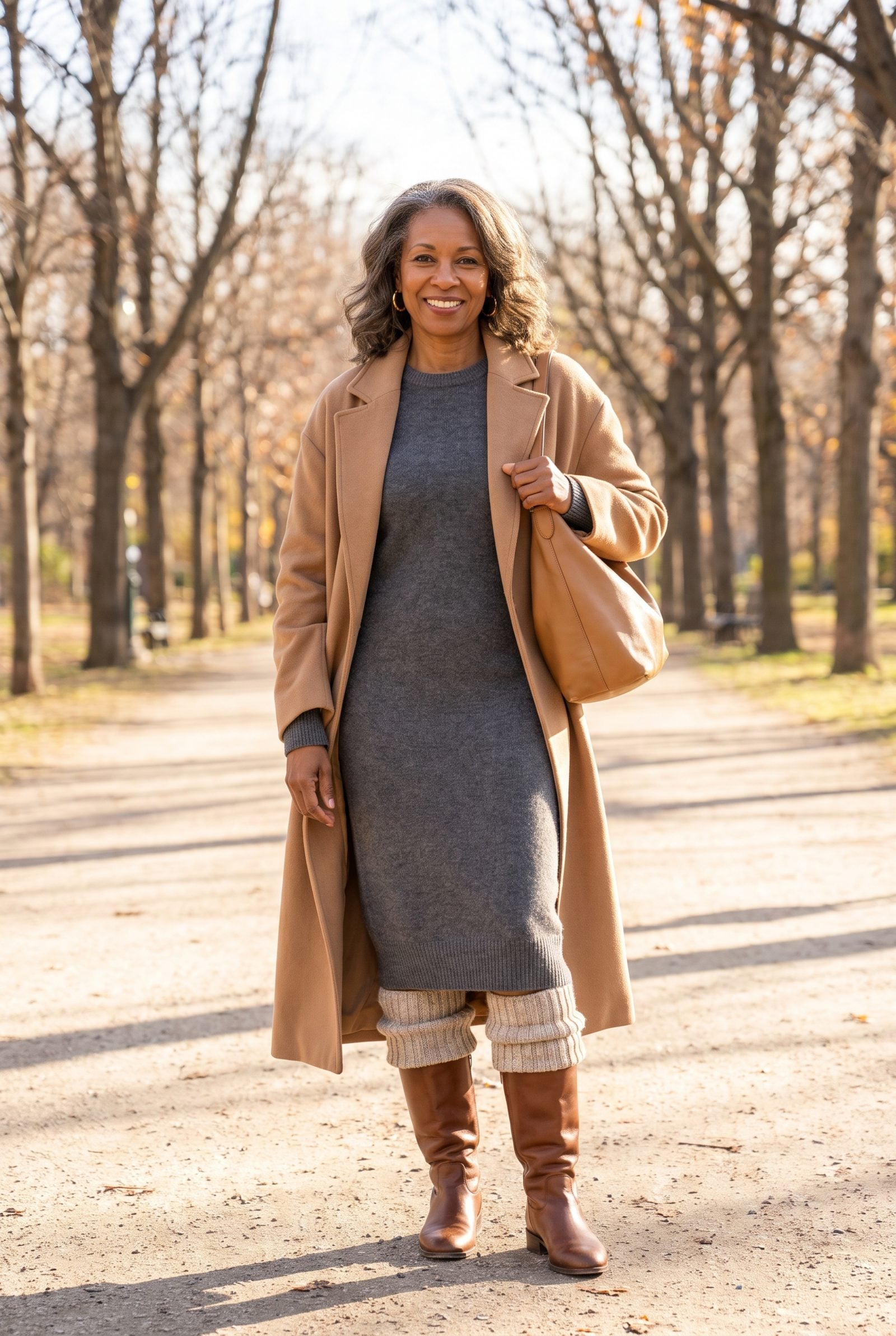Woman in a grey knit midi dress and brown boots with chunky oatmeal leg warmers bunched into the gap between hem and boot