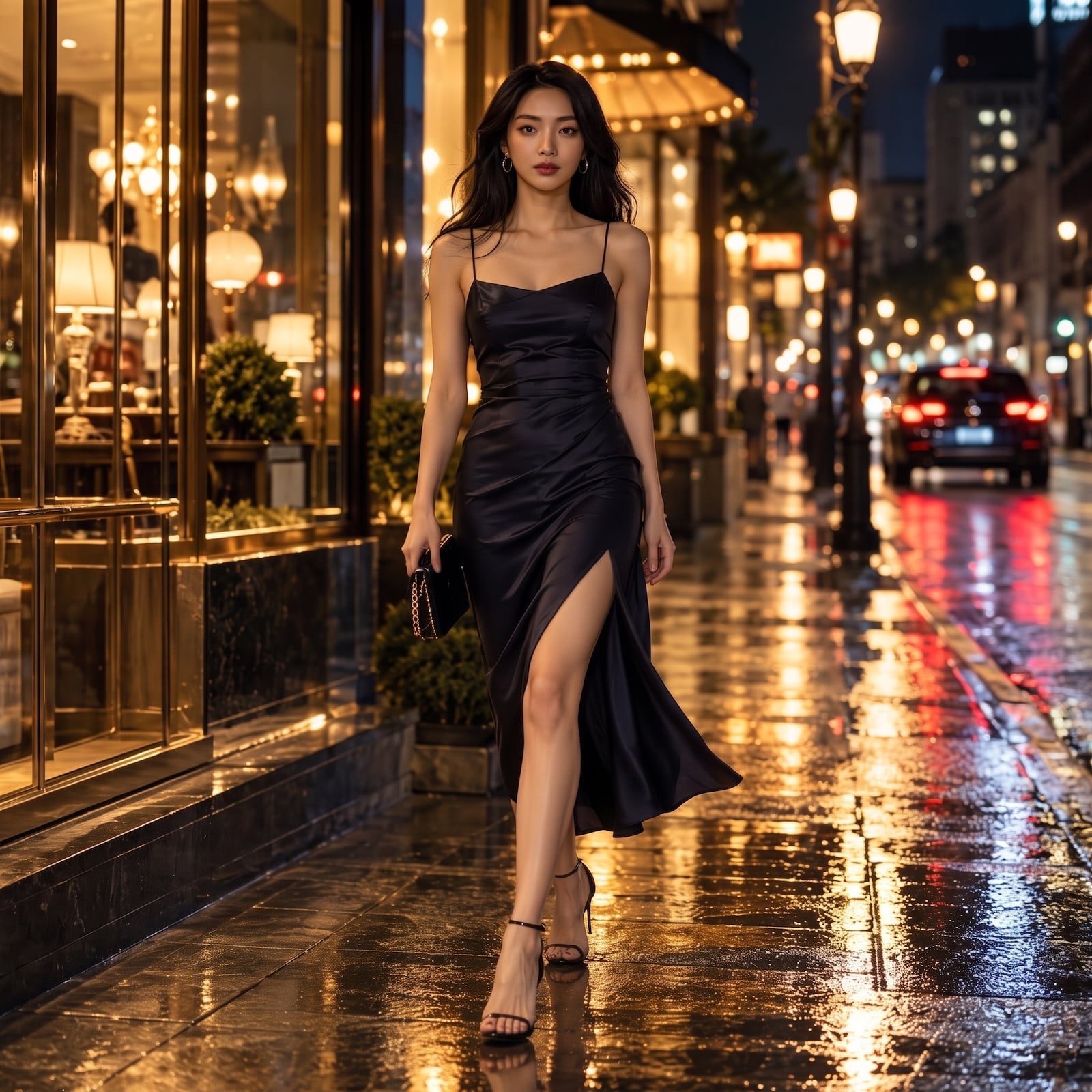 Woman in an elegant nighttime midi dress with a dramatic side slit