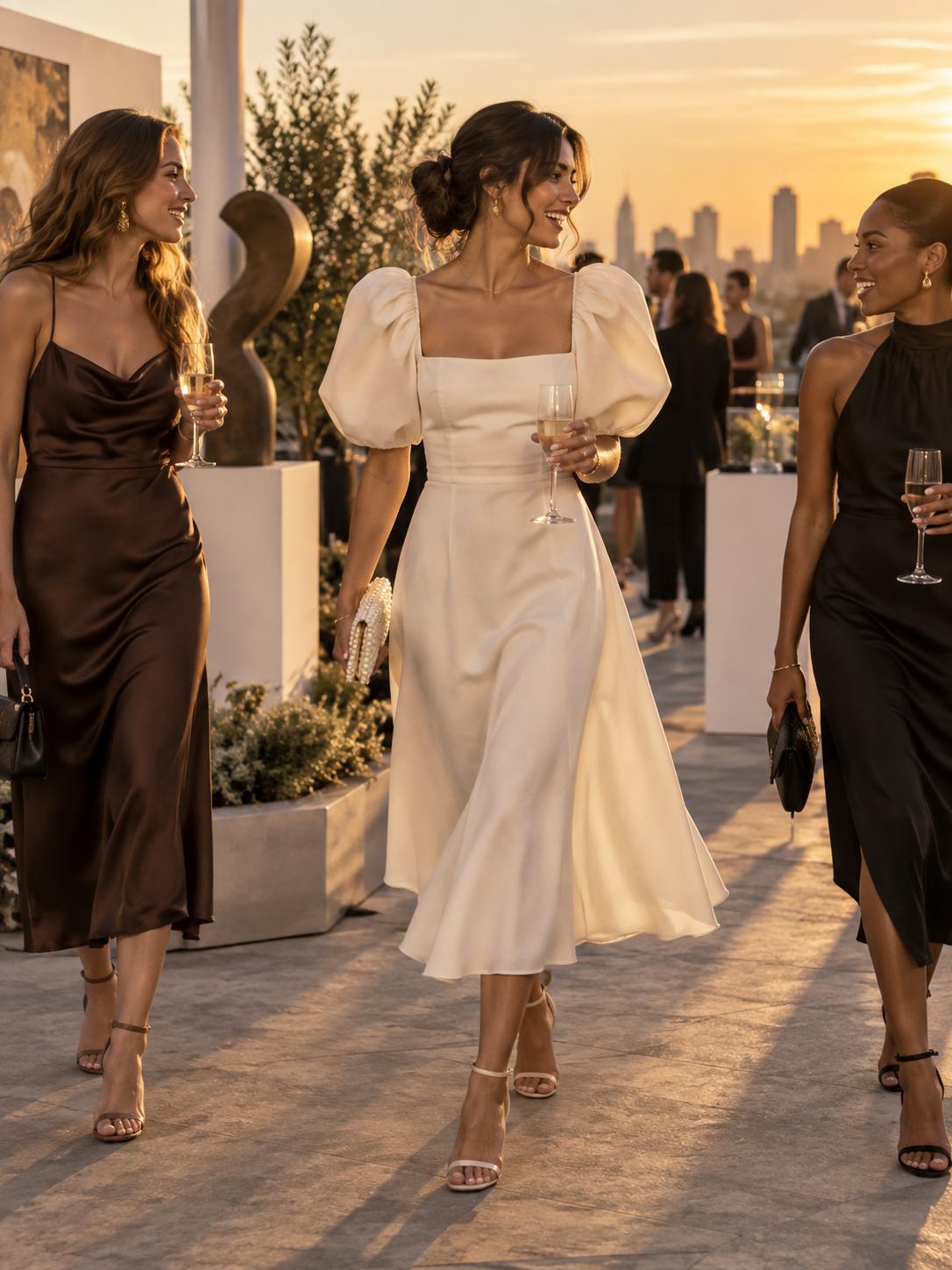 Woman wearing square-neck ivory puff-sleeve midi dress with two friends at a rooftop party