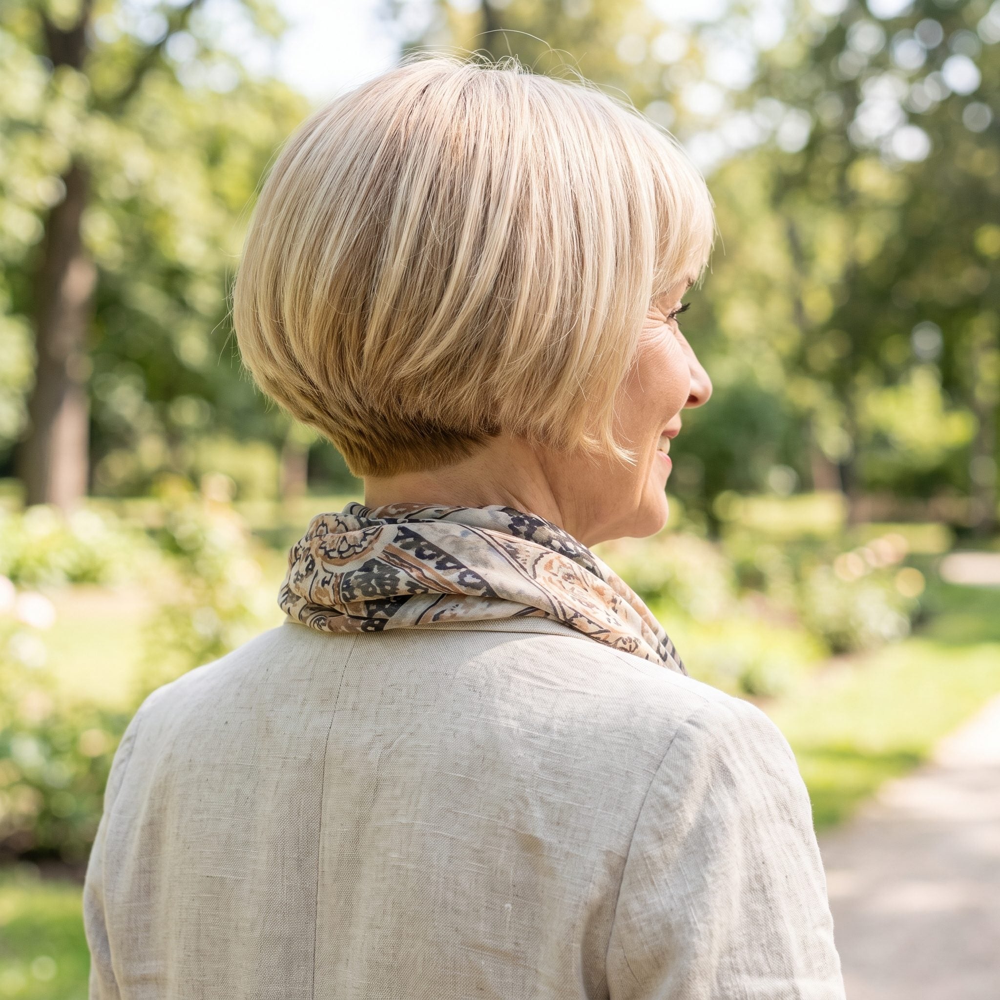 Pixie cut with a high, tight neckline creating a hard horizontal stop at the nape