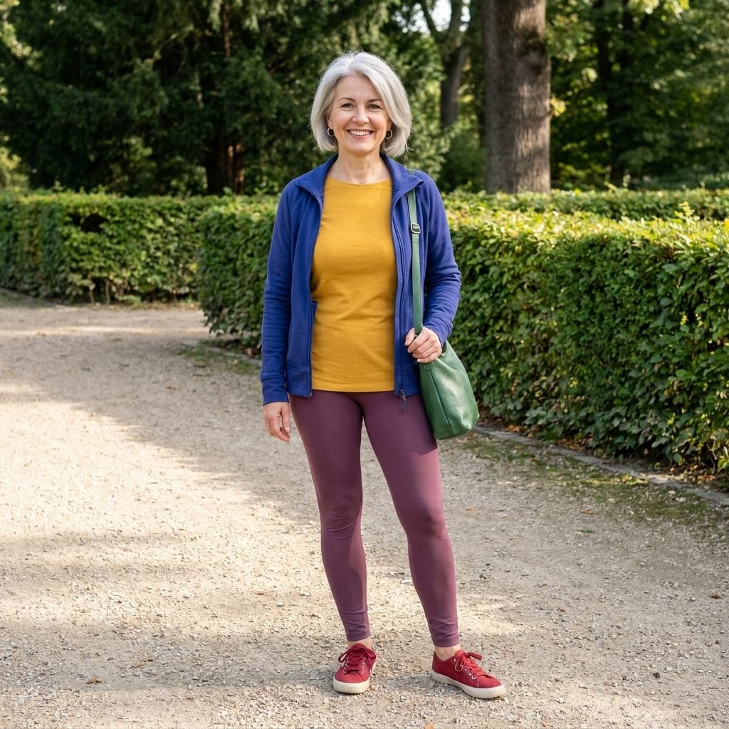 Woman in plum leggings, mustard top, royal blue jacket, red sneakers and green bag, five unrelated colors together.