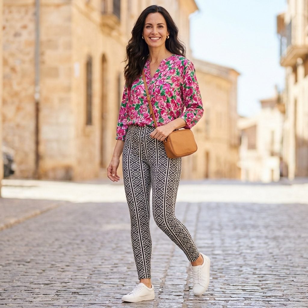 Woman in geometric patterned leggings and a floral print blouse, two busy prints competing with no plain piece between.