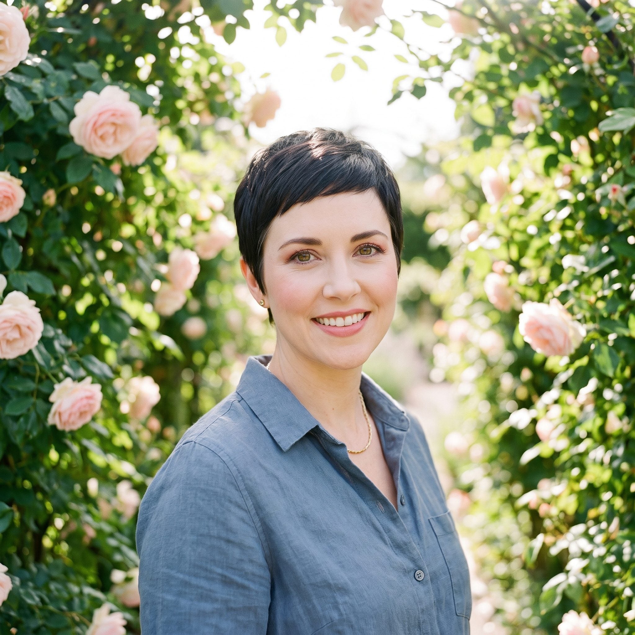 Woman with a short pixie and dramatically darker root color creating strong contrast around the scalp