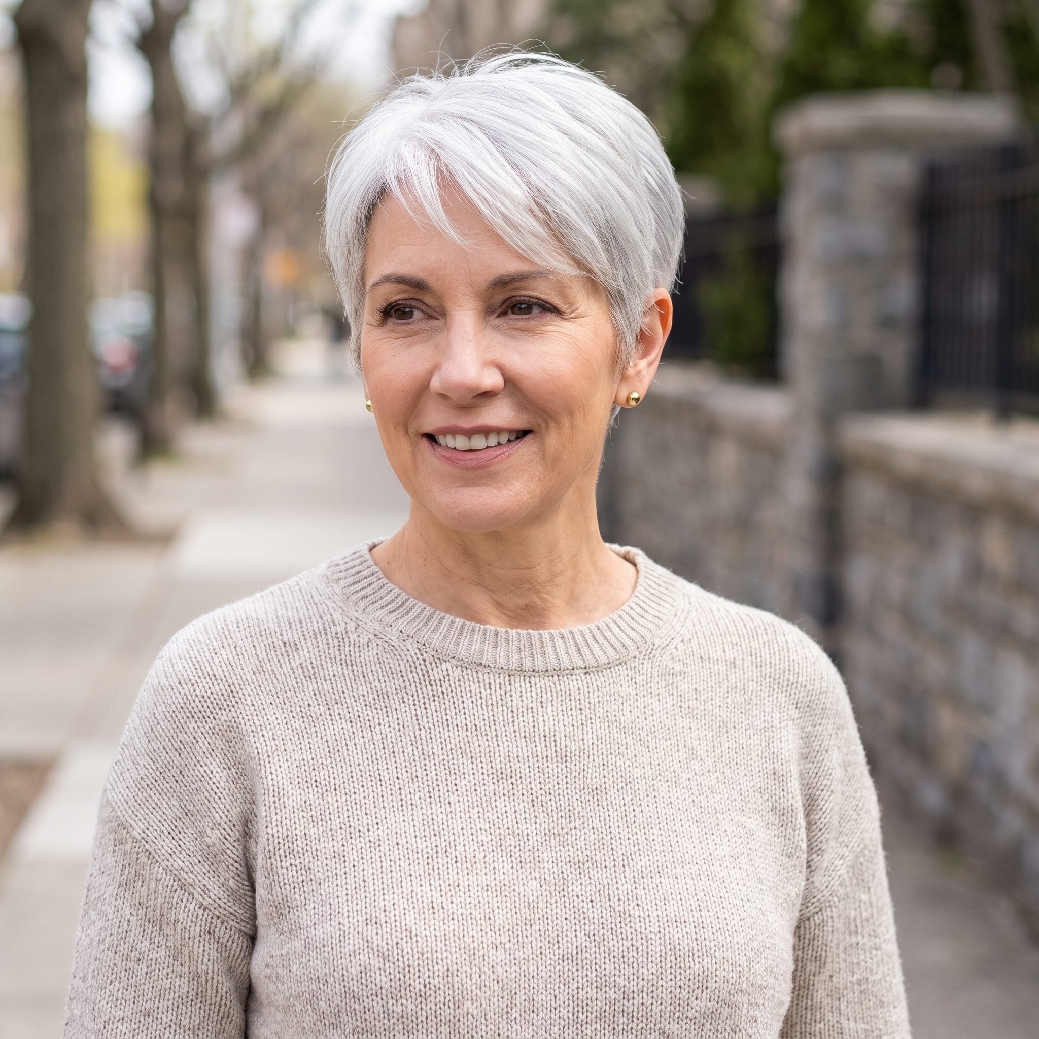 Woman with a bright silver-white tapered pixie and warm golden skin