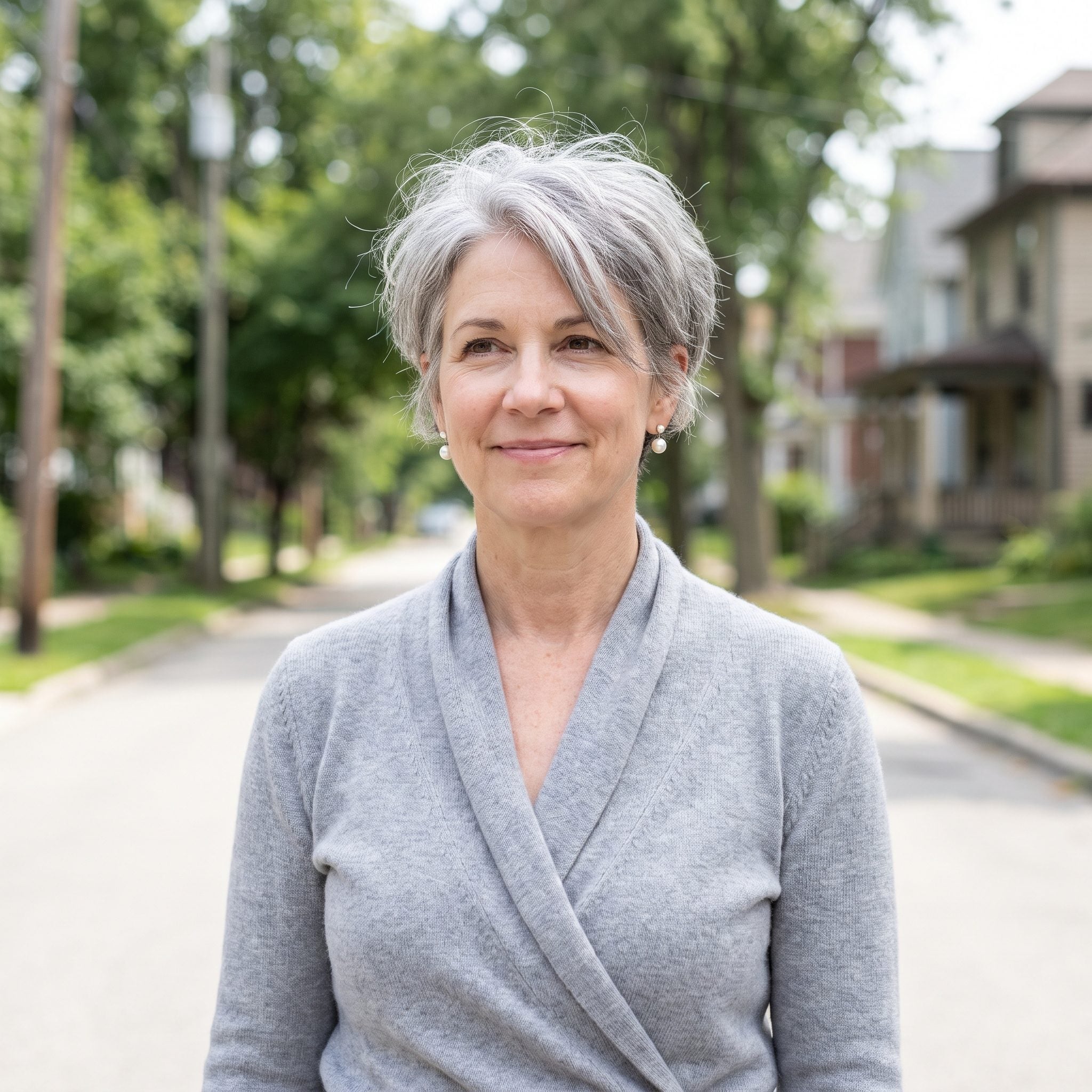 Woman with a steel-gray pixie air-dried with slight frizz and little directional styling