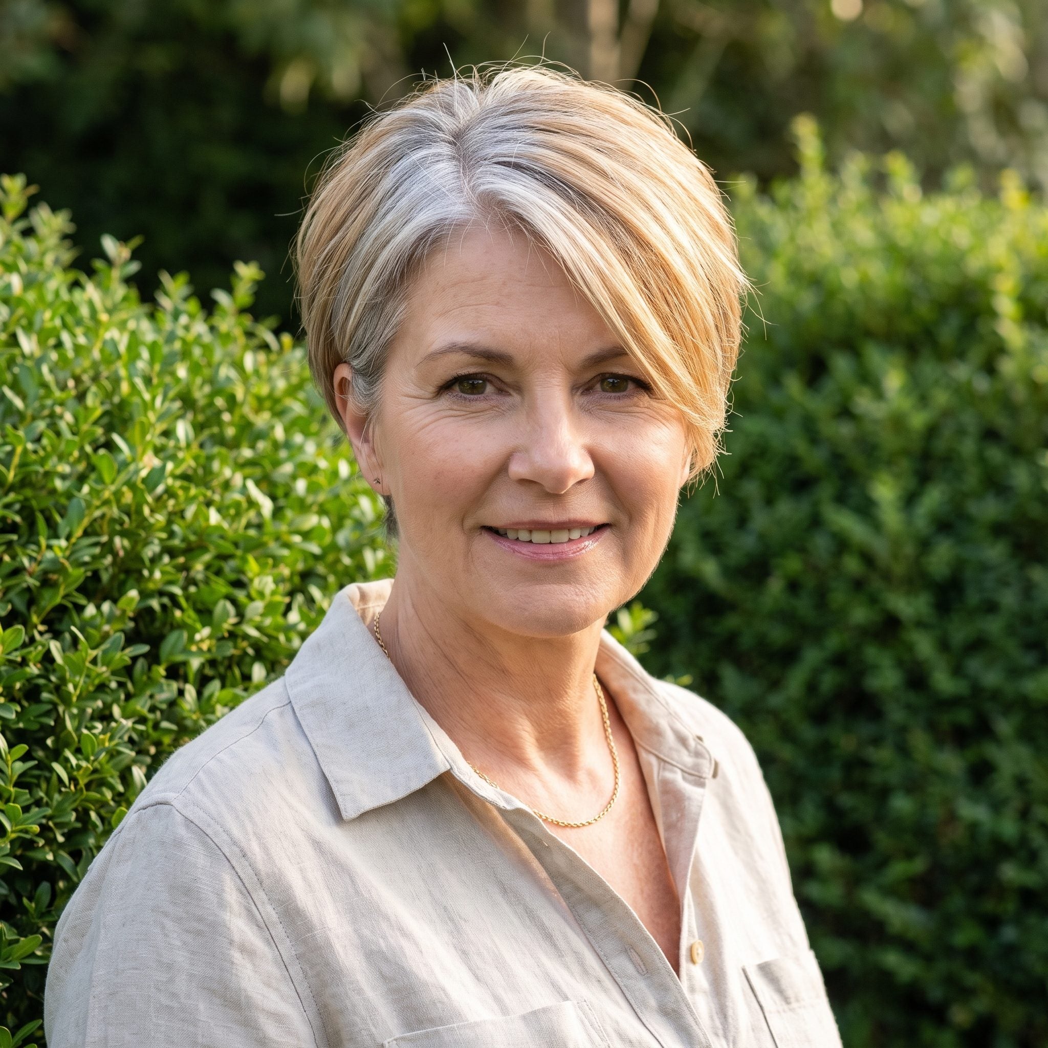 Woman with a pixie showing cool silver roots against noticeably warmer golden ends