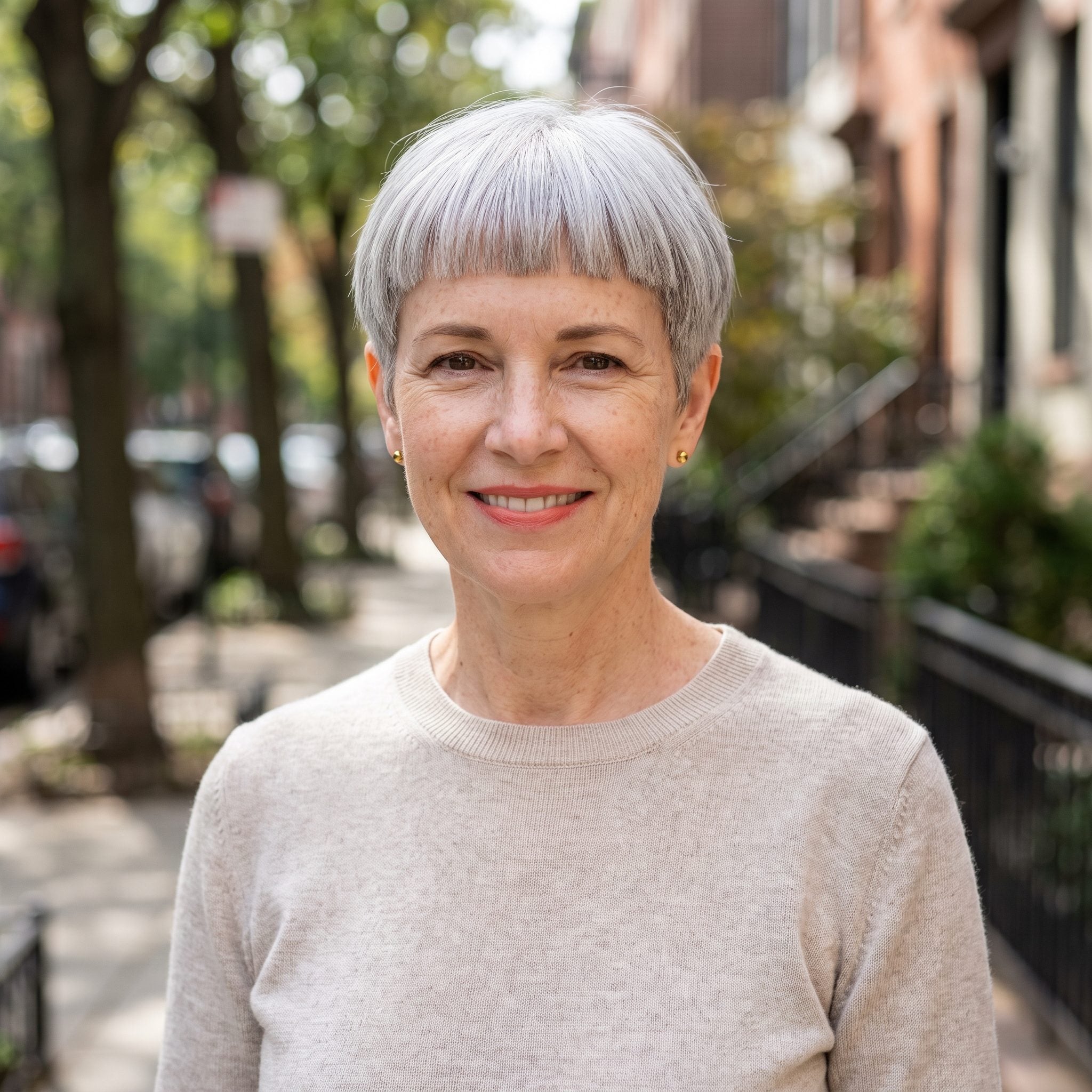 Woman with a silver pixie and a fringe ending in a blunt horizontal line across the forehead
