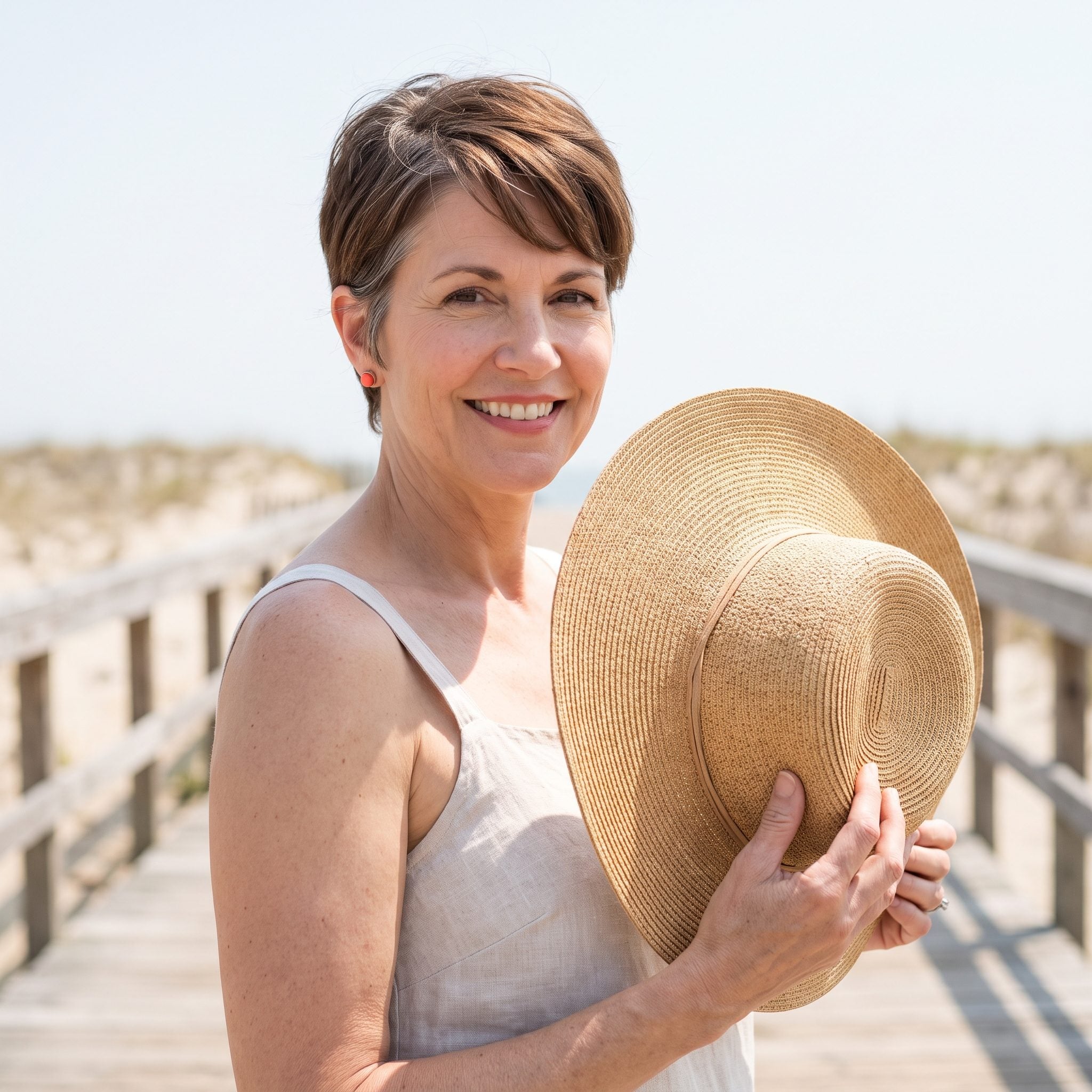 Woman holding a straw sun hat after the crown of her pixie has been pressed flat